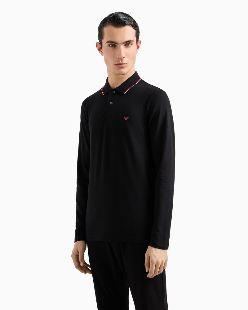 EMPORIO ARMANI Long-sleeved stretch piqué polo shirt with micro eagle embroidery outlook