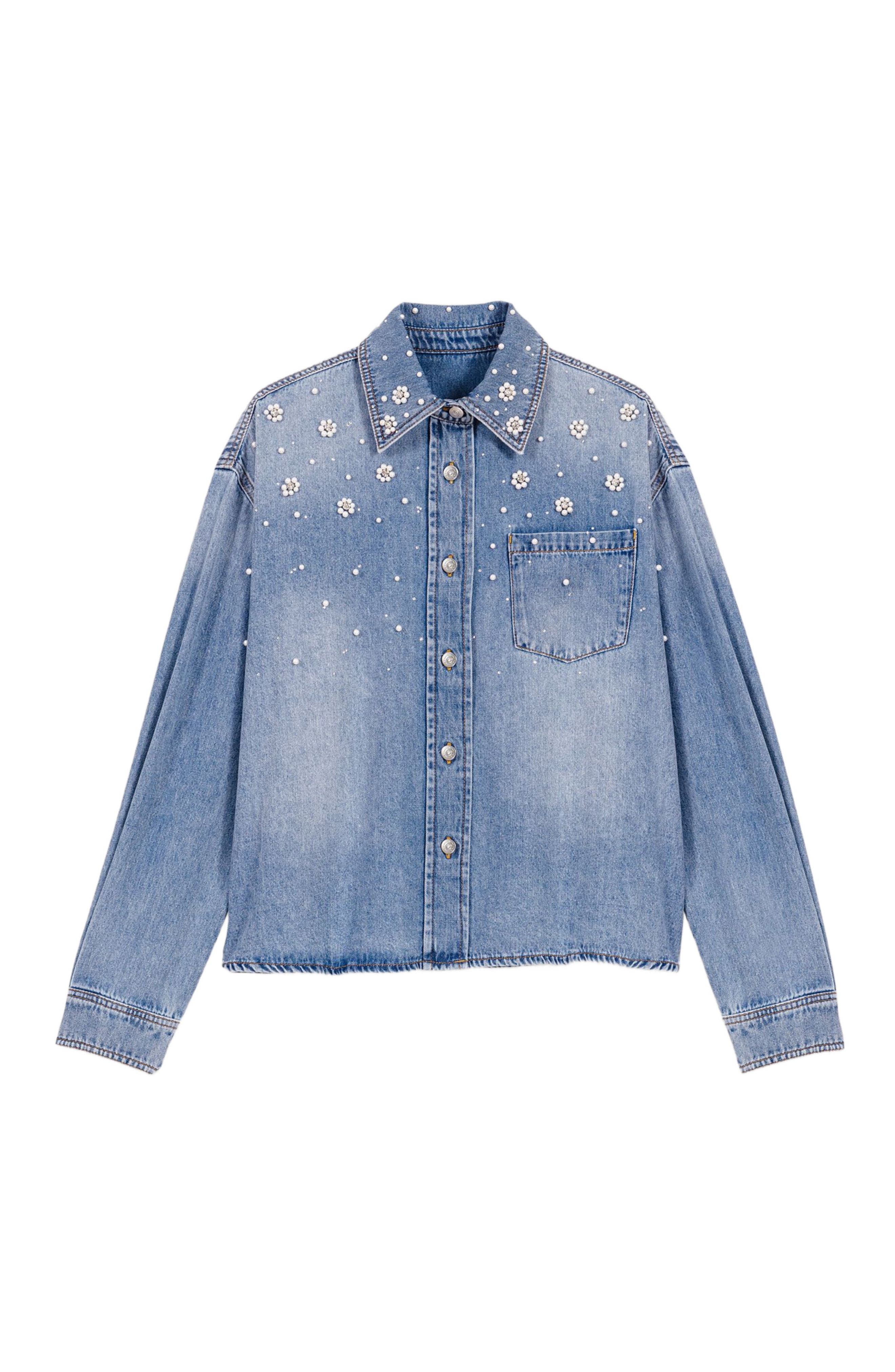 maje Denim shirt with embroidered beads in Blue at Nordstrom - 7