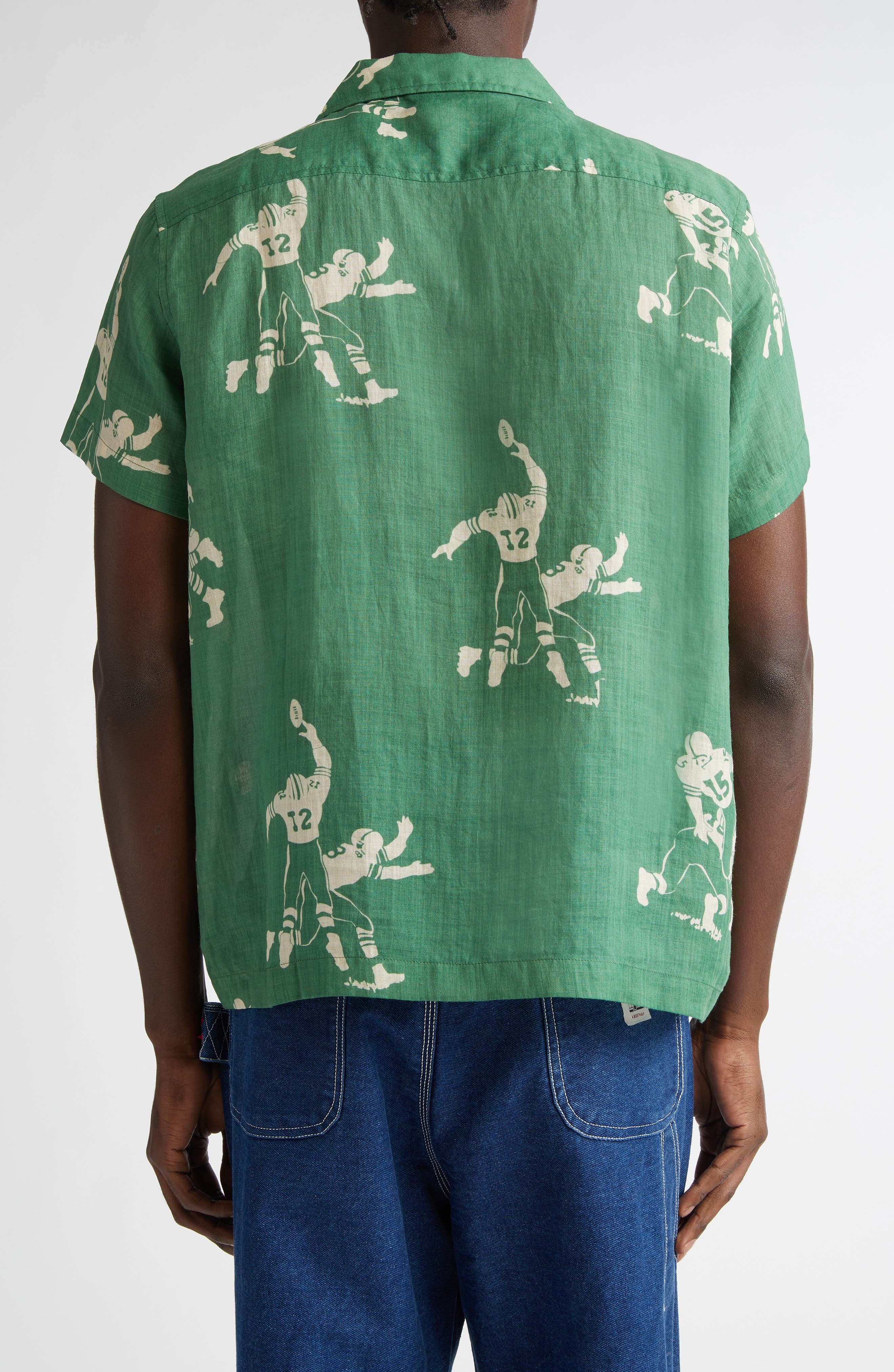 Bode Football Jacquard Linen Button-Up Shirt in Green Cream at Nordstrom - 2