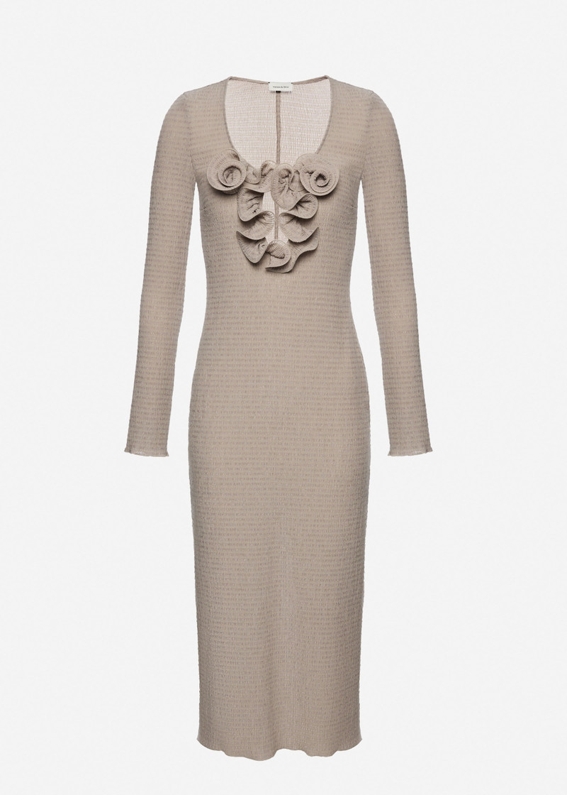 Long-sleeve crepe beach maxi dress in light brown 1