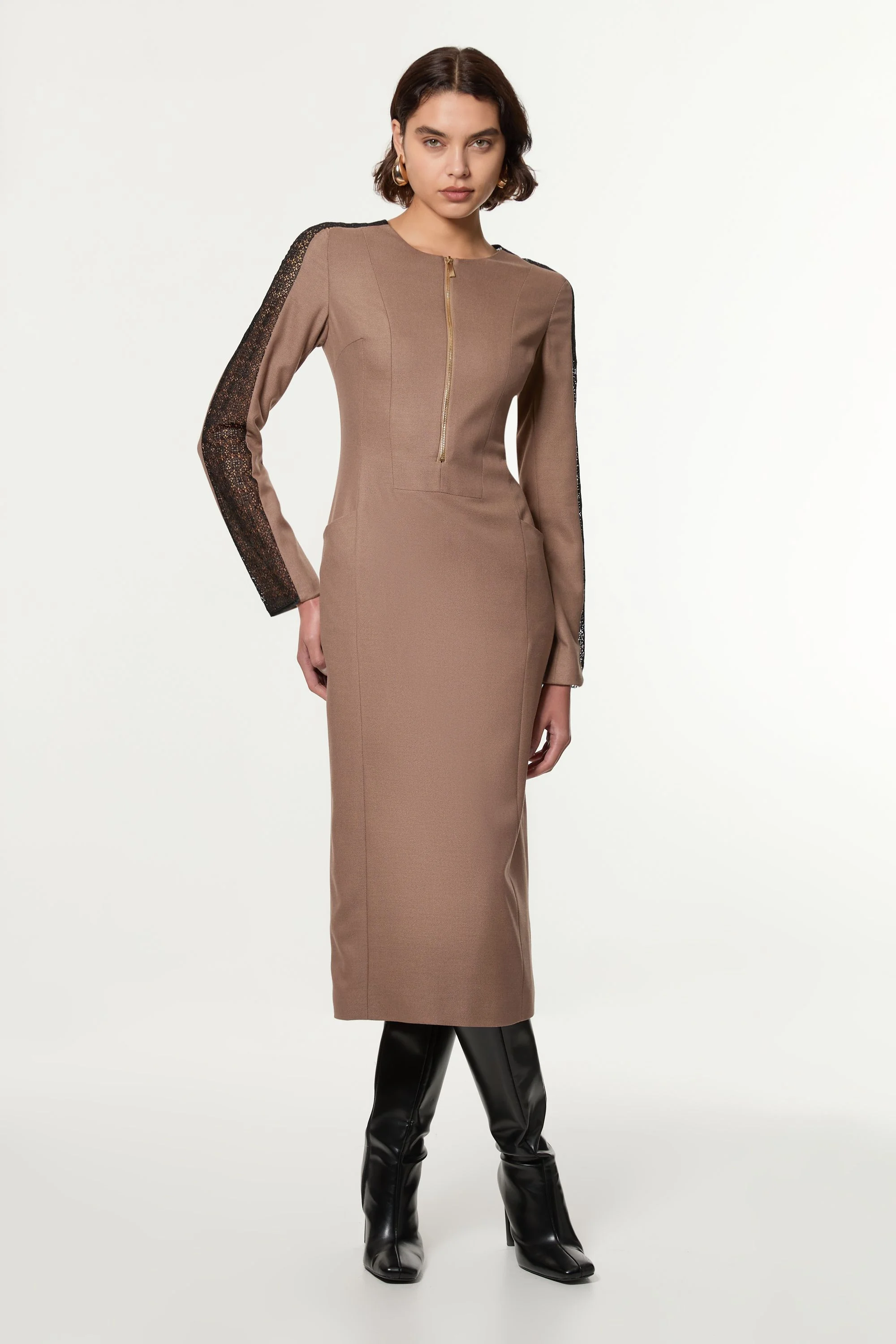 Petite Tailored Twill Lace Mix Zip Front Midi Dress - 1