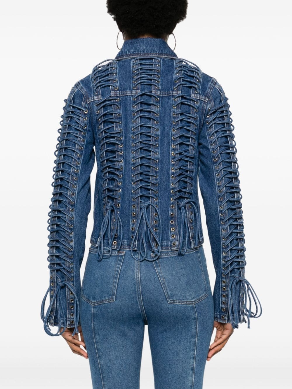 lace up-embellished denim jacket - 4