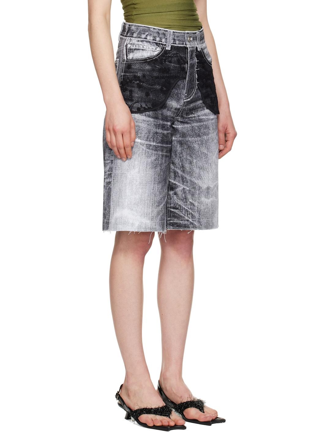 Black Lace Paneled Denim Shorts - 2