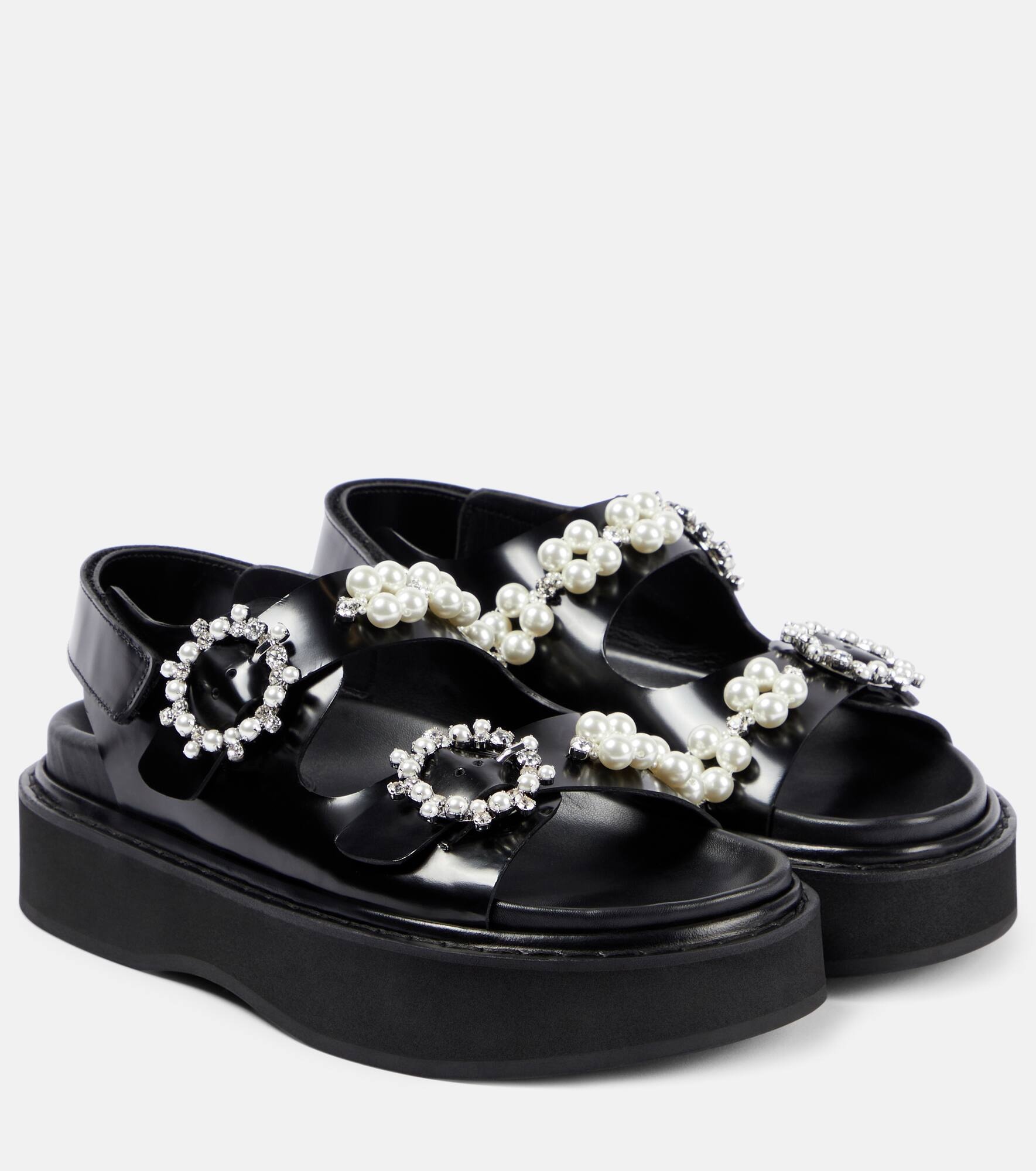 Faux pearl-embellished leather platform sandals - 1