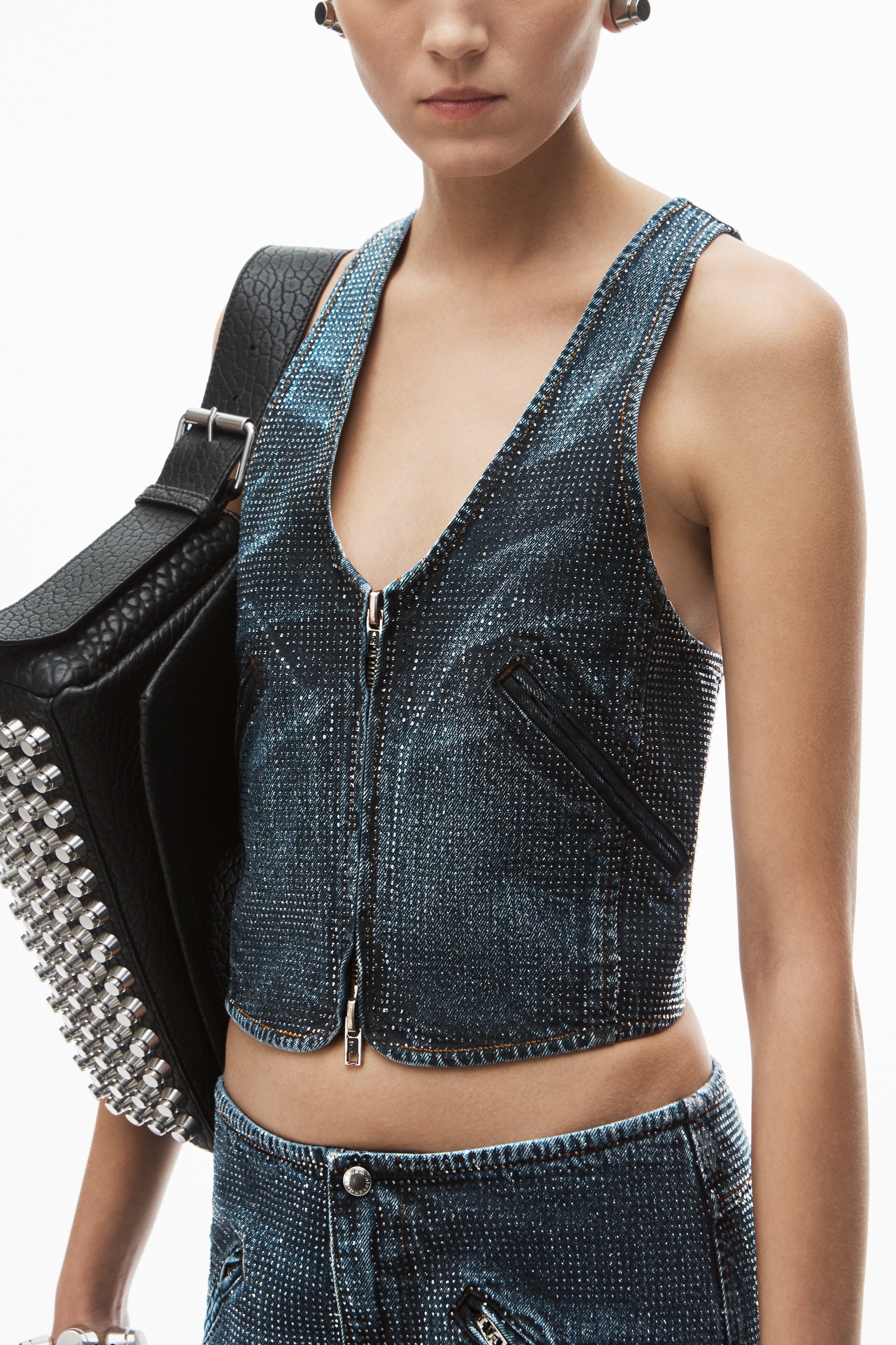 clear crystal hotfix vest in cotton denim - 5
