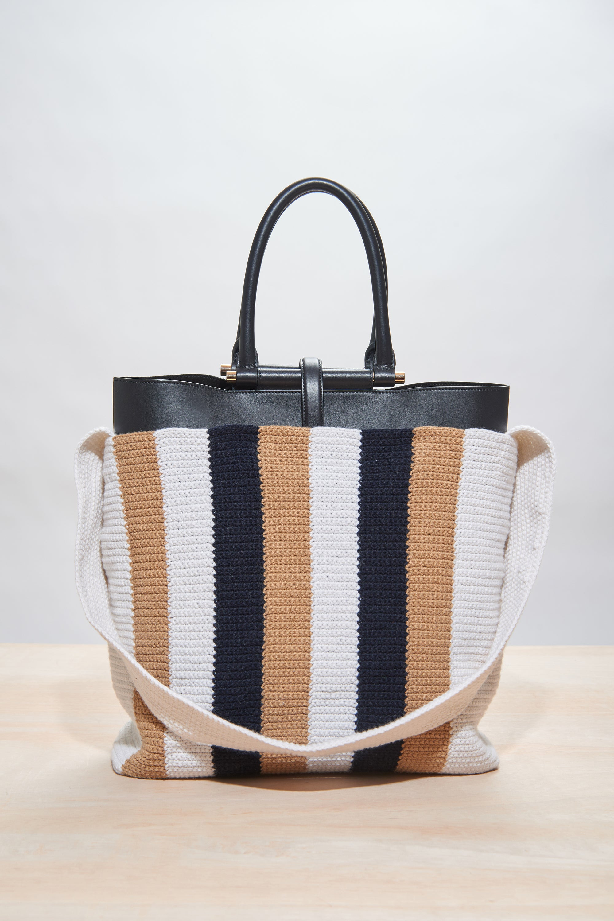 Large Crossover Knit Bag in Ivory, Black & Camel Cashmere - 4