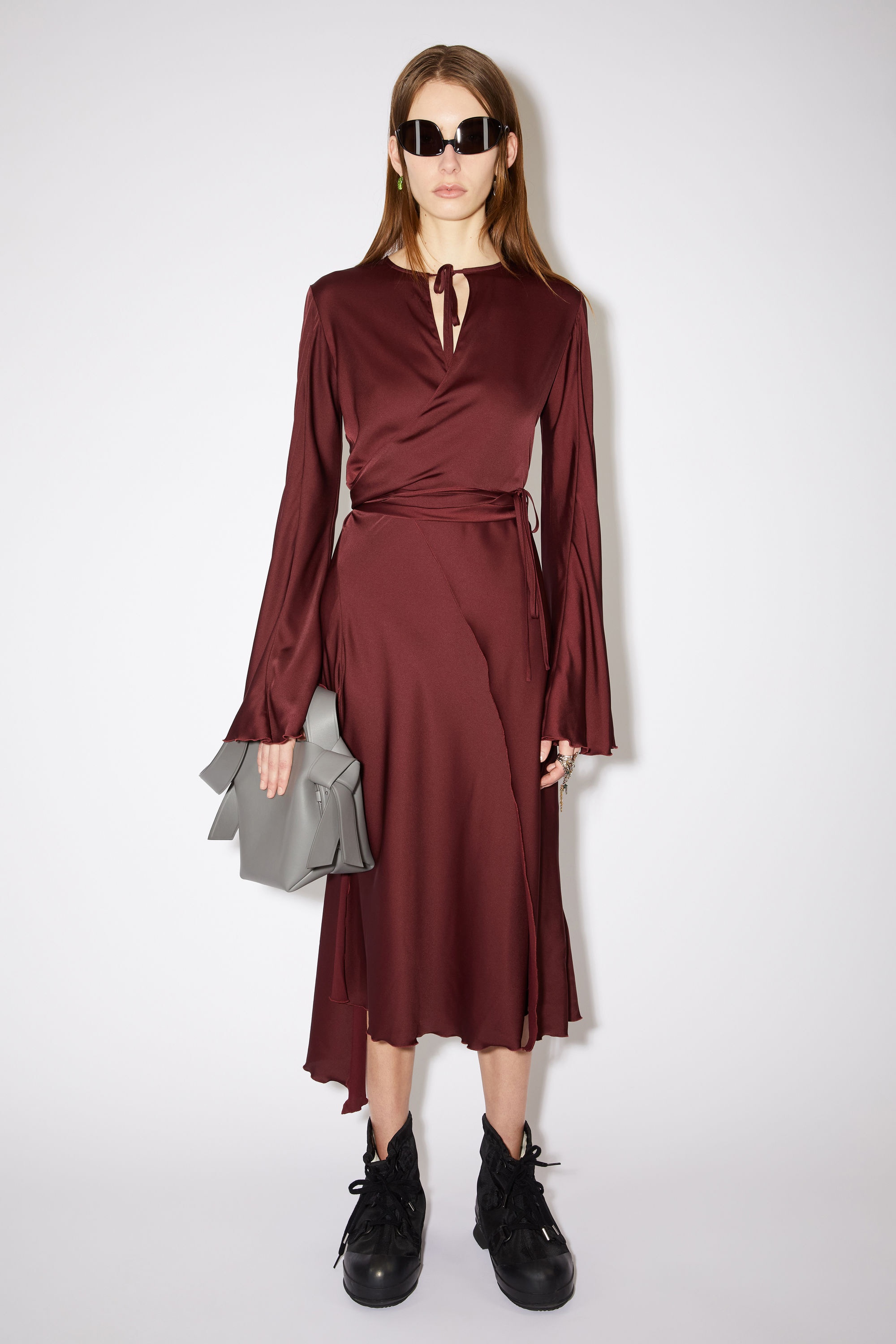 Satin long sleeve dress - Wine red - 2