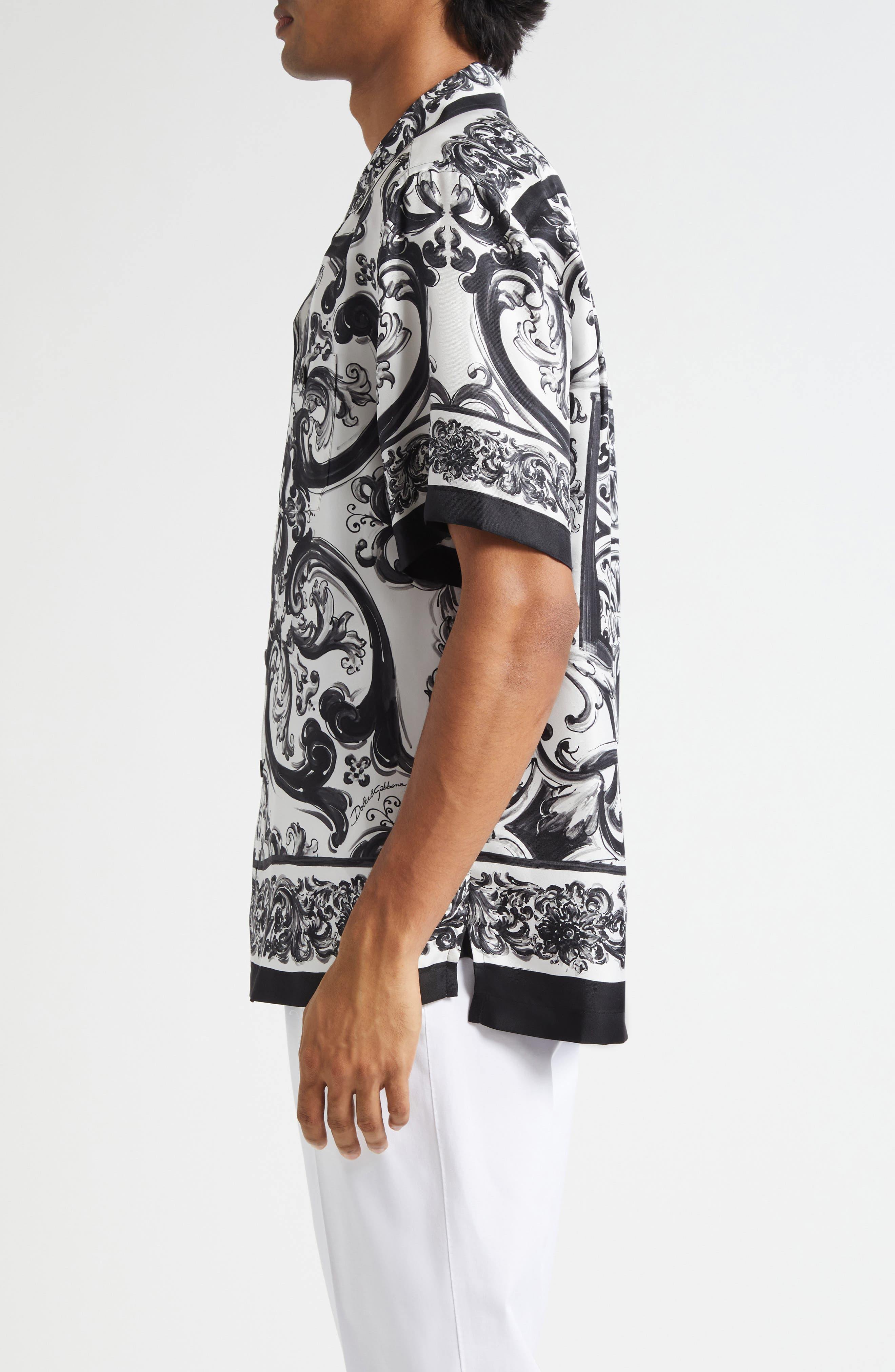 Dolce&Gabbana Majolica Print Silk Twill Camp Shirt in Hx5Dq Maiolica 3L Nero at Nordstrom - 4