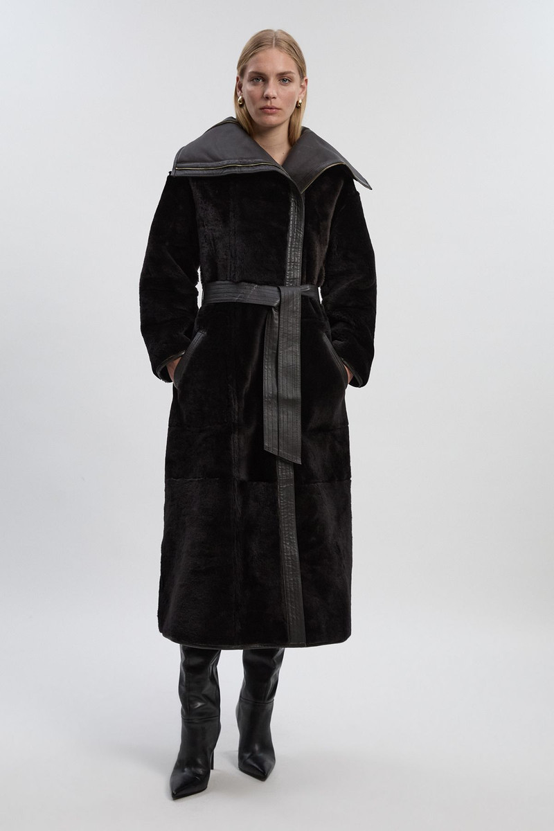 Reversible Shearling & Leather High Collar Maxi Coat 1