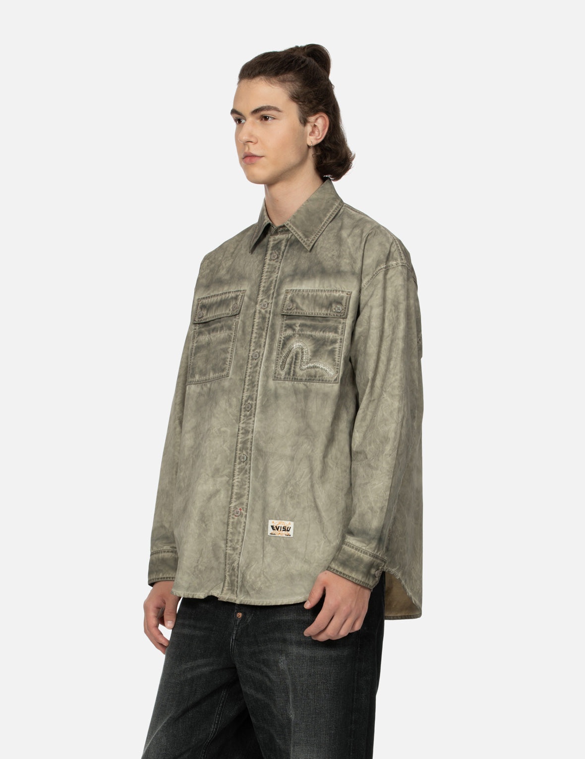 Washed Seagull Embroidery Loose Fit Shirt - 5