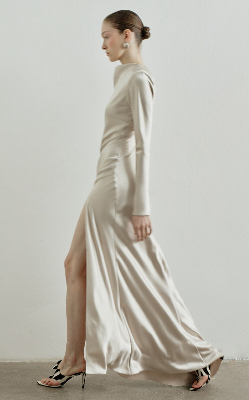 THE NEW ARRIVALS ILKYAZ OZEL Bianca Asymmetric Satin Maxi Dress ivory outlook
