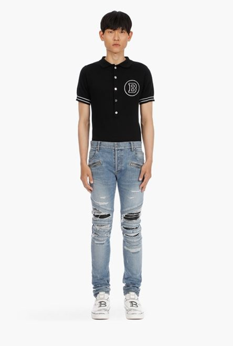 Slim-cut ripped blue cotton jeans with synthetic leather panels 4