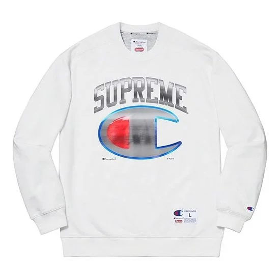 Supreme SS19 x Champion Chrome Crewneck Crossover Chest Large Logo Pattern Printing Unisex White SUP - 1