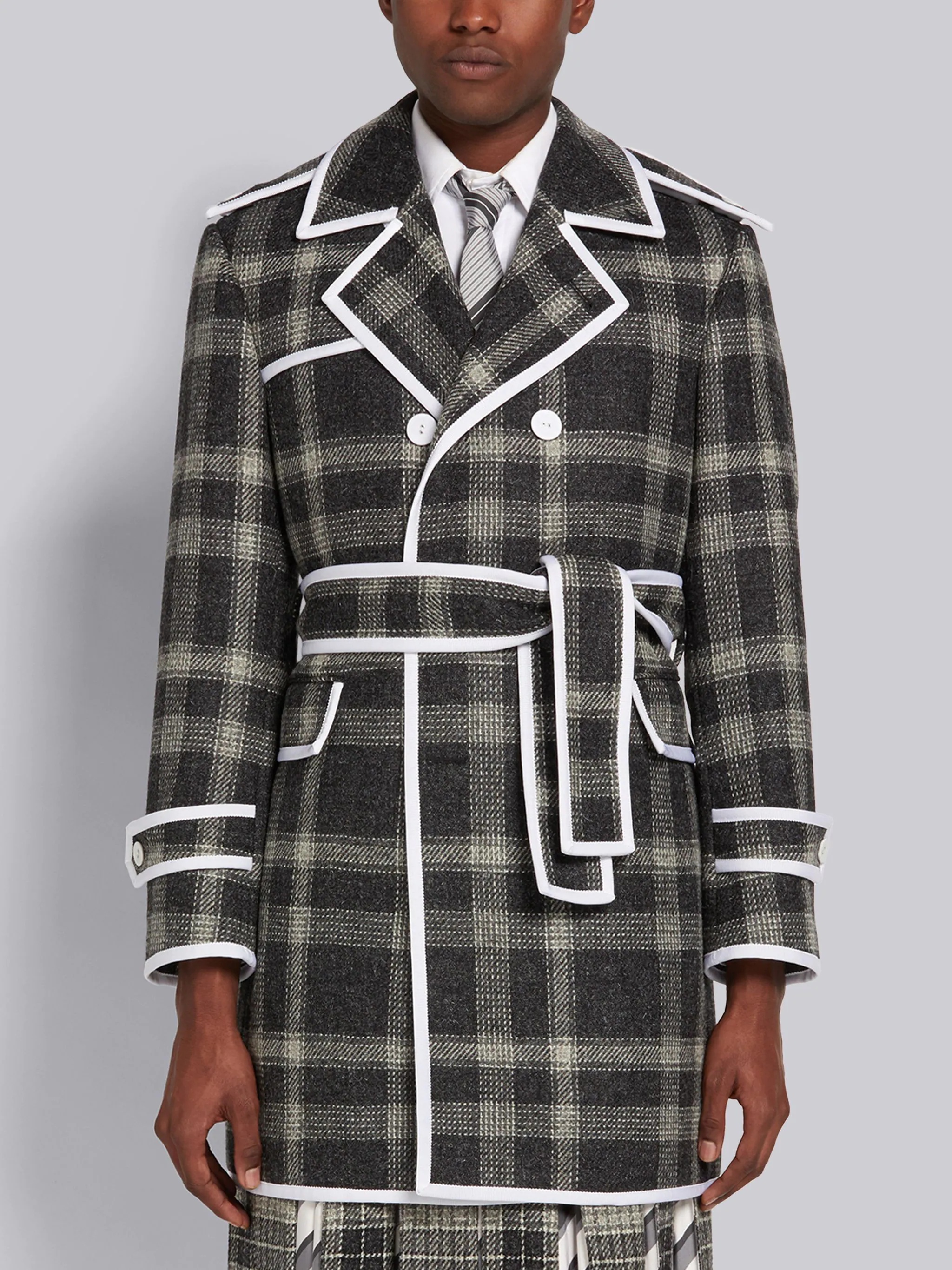 Medium Grey Hairline Madras Check British Wool Grosgrain Tipped Double Breasted Trench Coat - 1