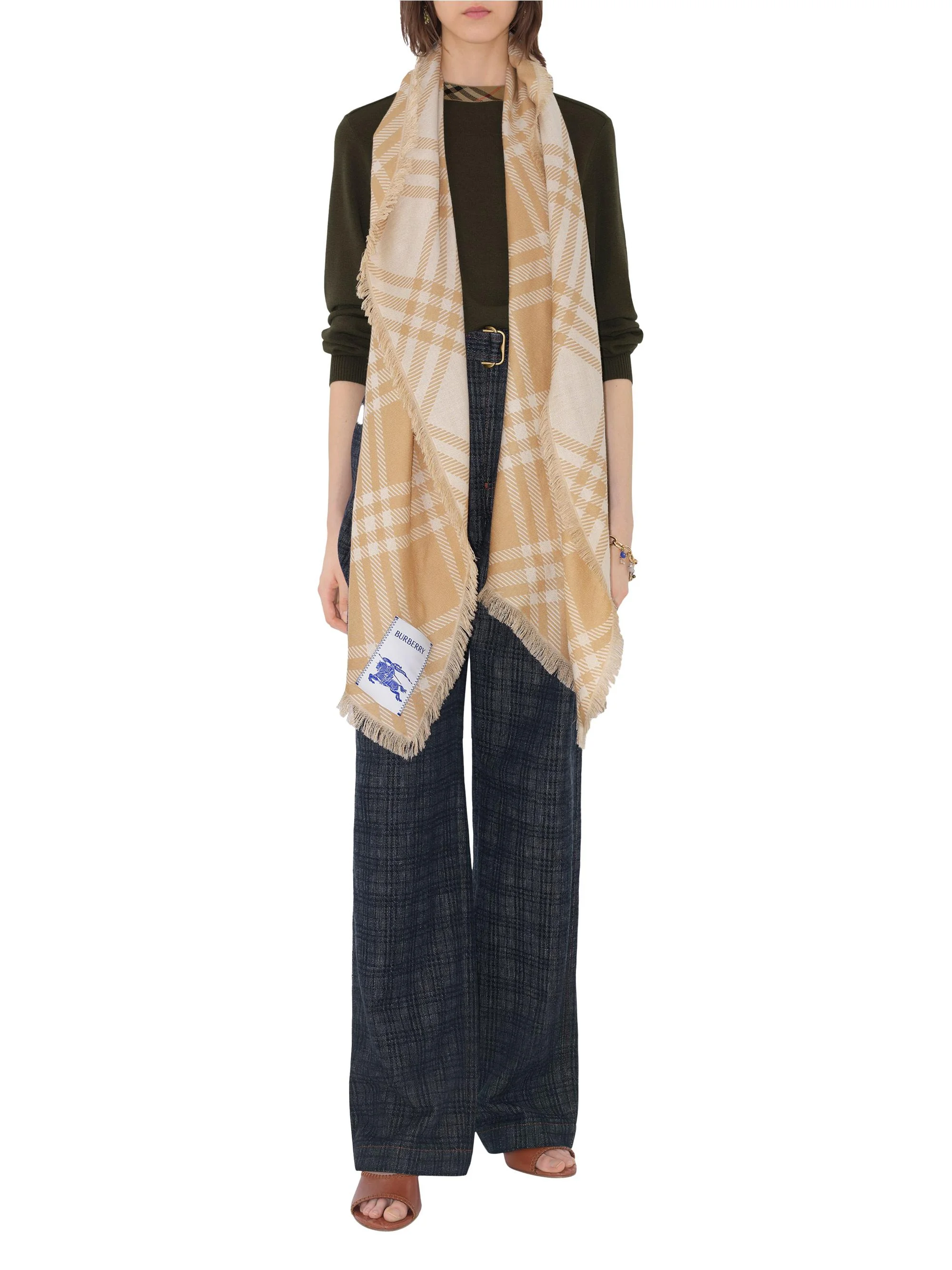 Women's Wide Check Wool Scarf - Sand Ecru - 1