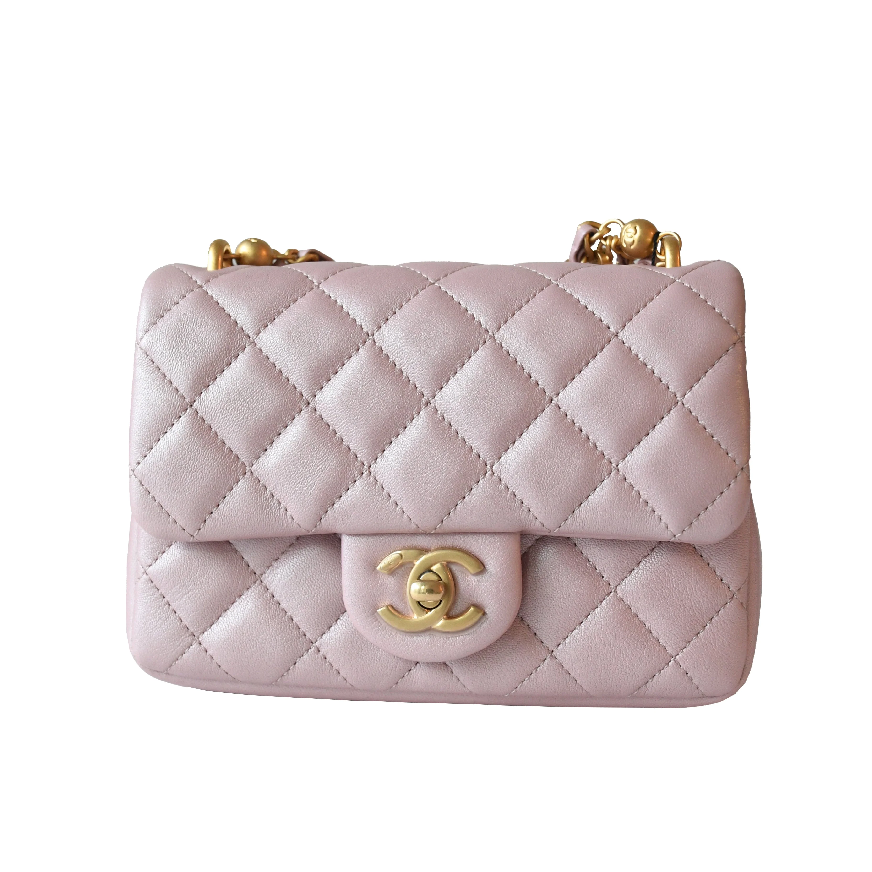 Chanel Shiny Lambskin Quilted Pearl Twist Square Flap Bag Gold Hardware Light Pink - 1