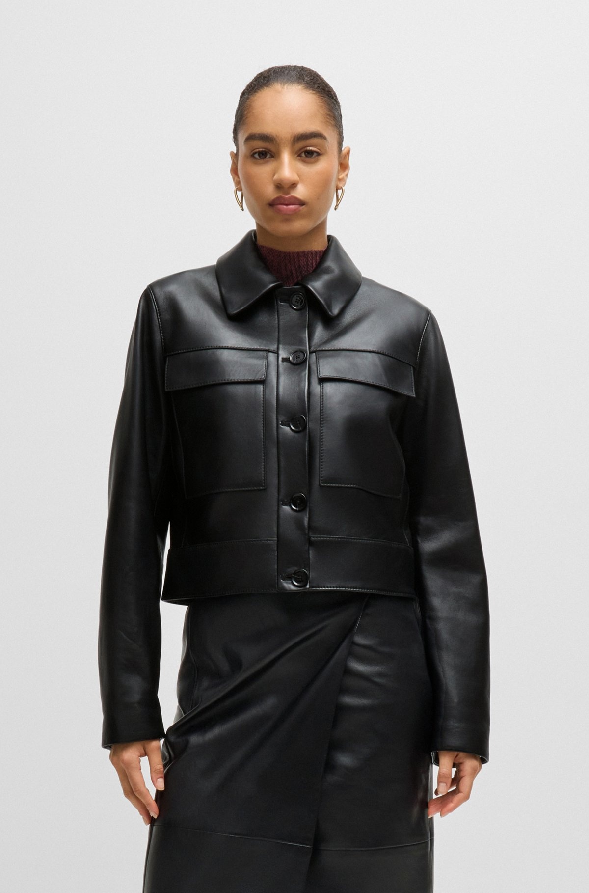 LEATHER JACKET WITH CONTRAST CUFFS AND BUTTONED CLOSURE - 2