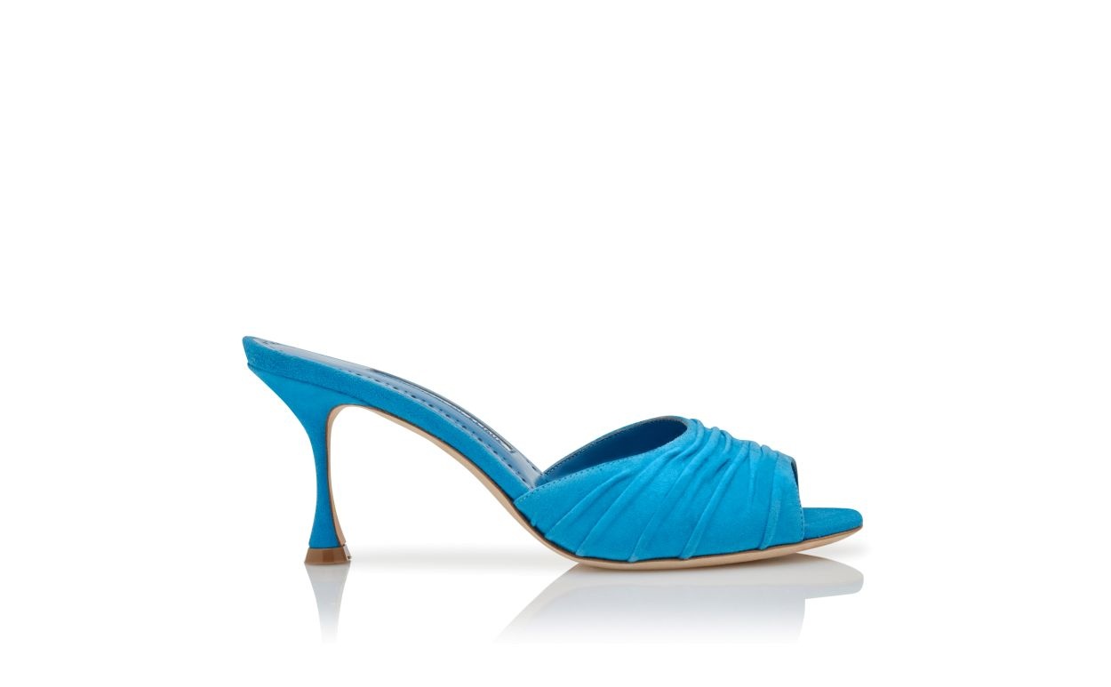 Blue Suede Ruched Open Toe Mules - 1