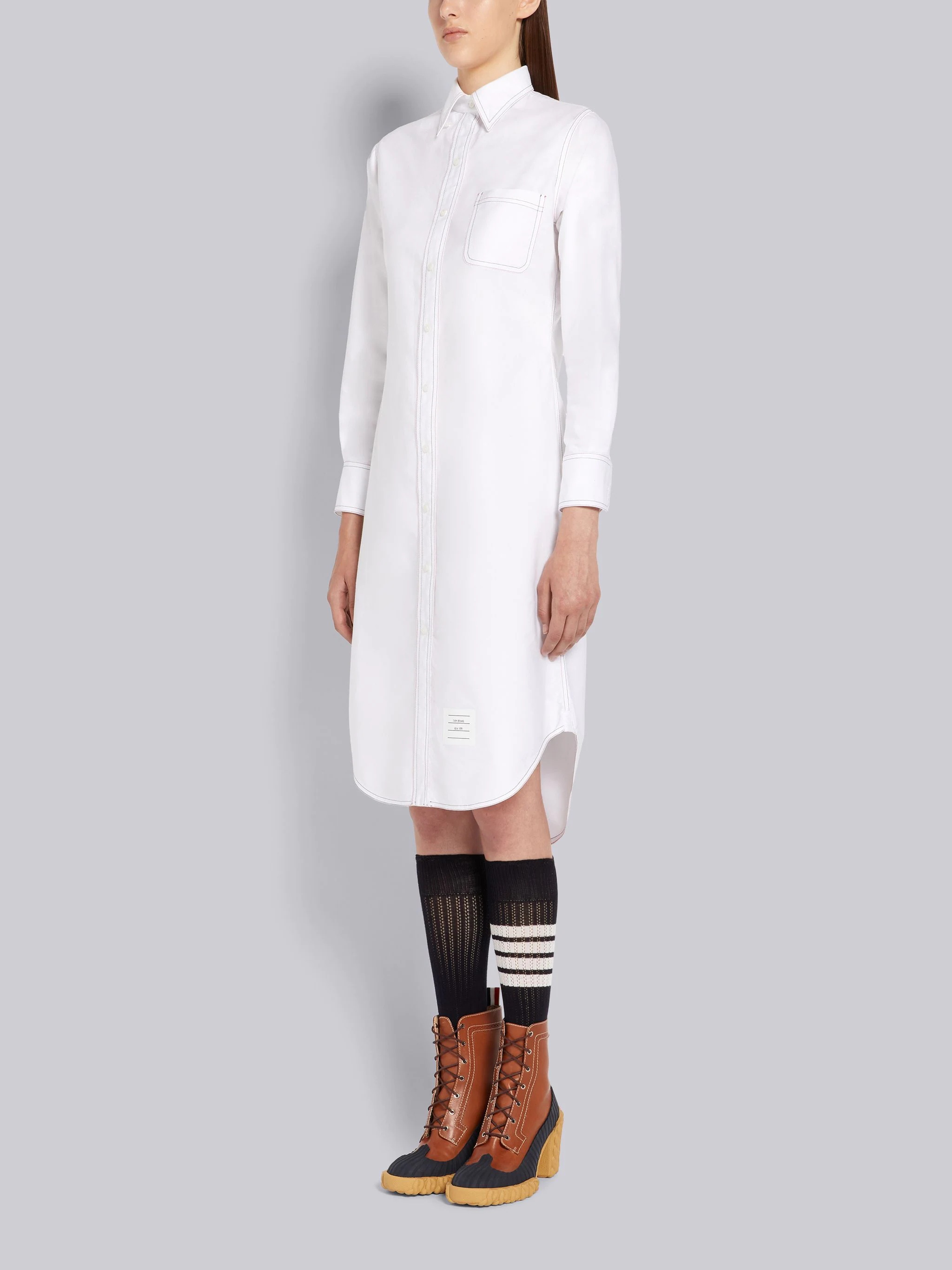 White Oxford Triple Stitching Point Collar Knee Length Shirtdress - 2