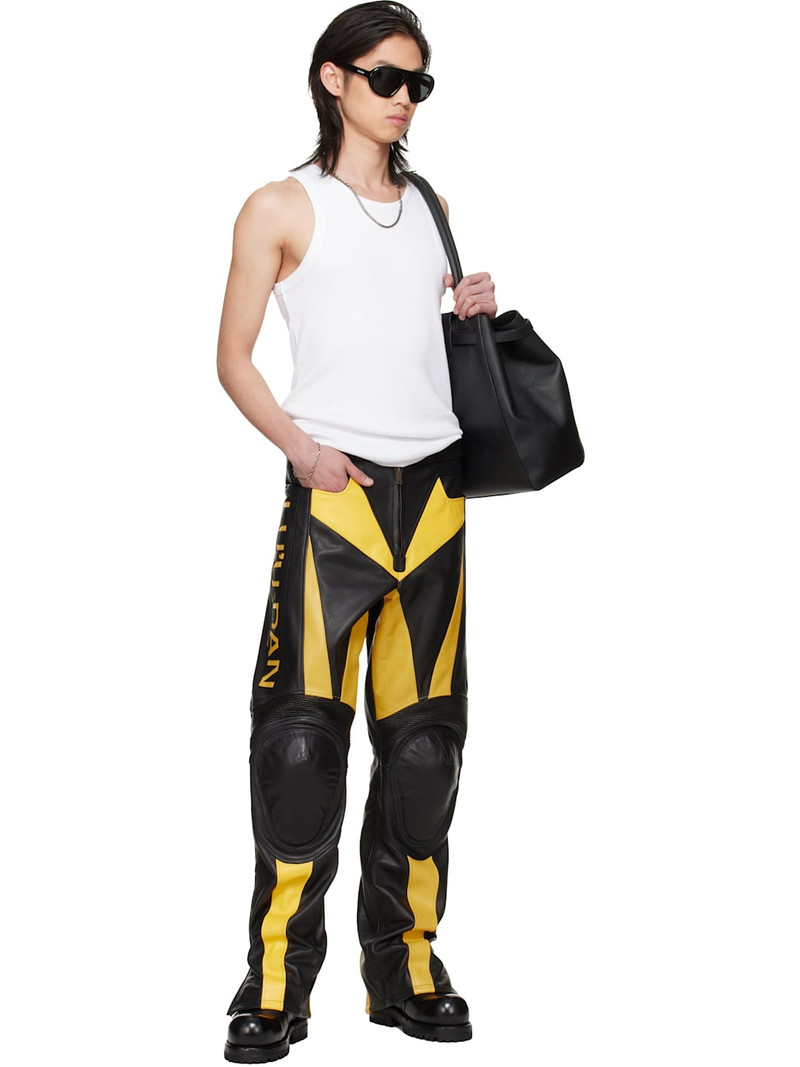 LU'U DAN BRUCE LEE x LỰU ĐẠN Black & Yellow Moto Racing Leather Pants outlook