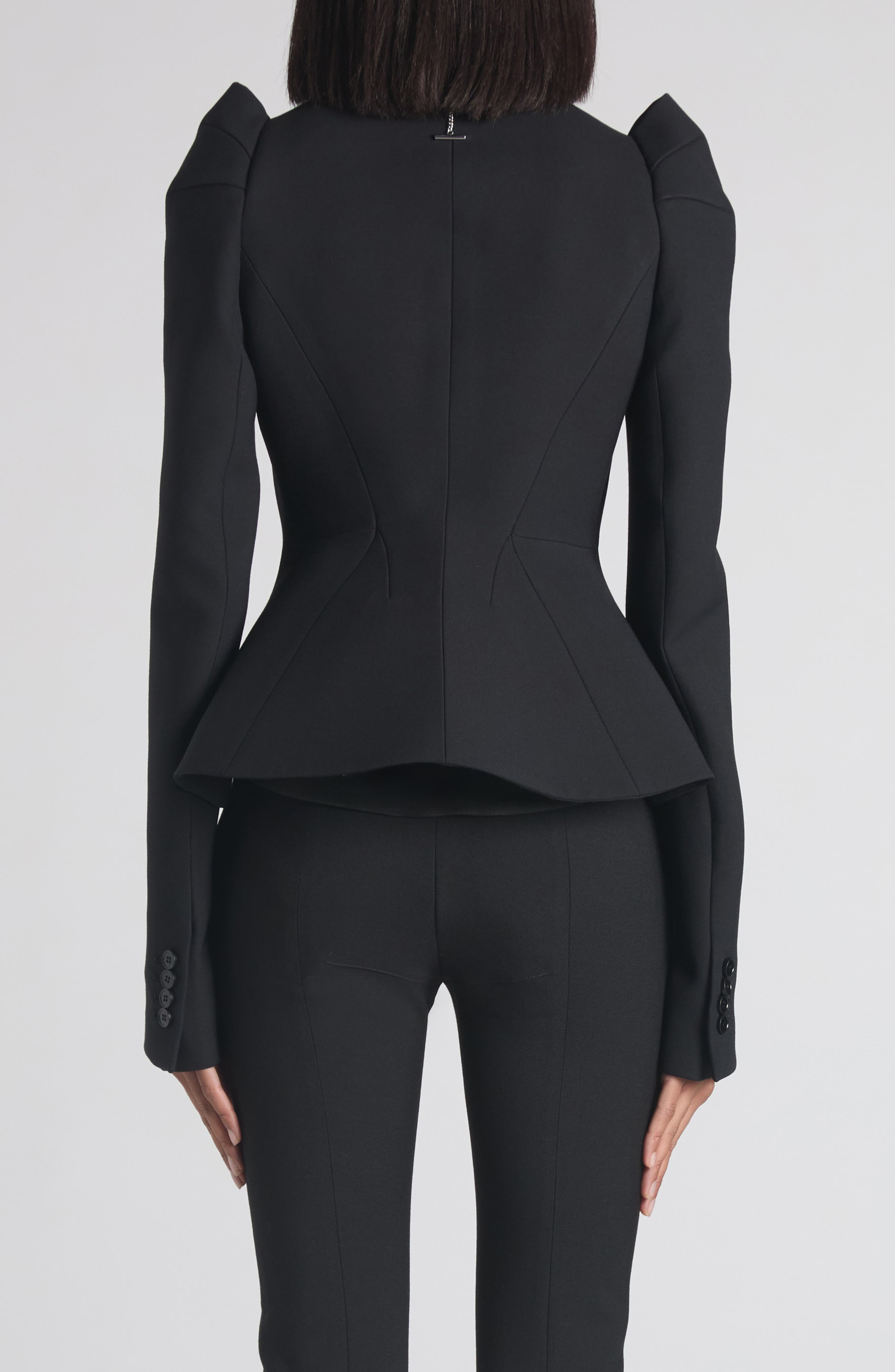 McQueen Pleated Puff Shoulder Stretch Wool Crop Jacket in Black at Nordstrom - 3
