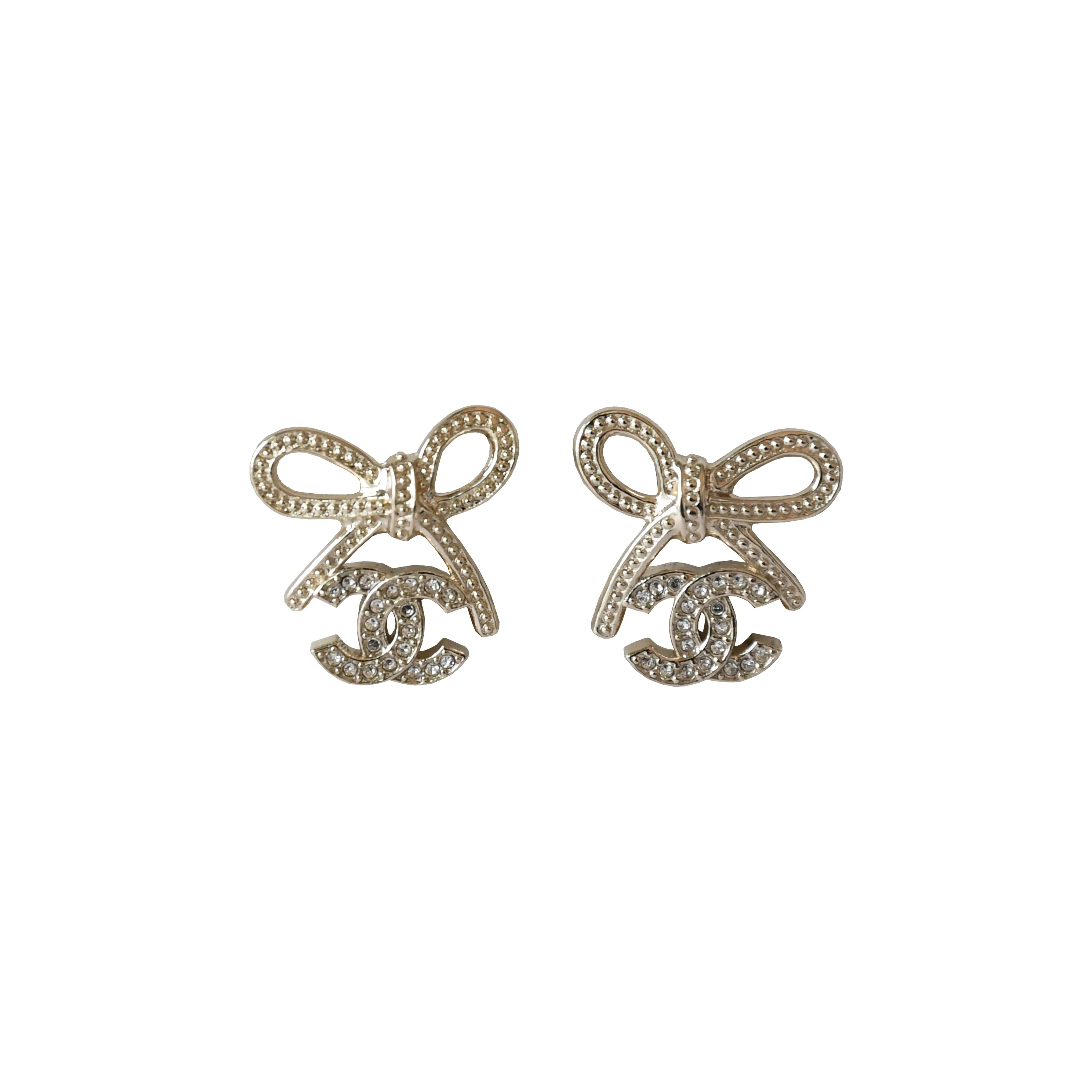 Chanel CC Crystal Strass Bow Stud Earrings Gold - 1