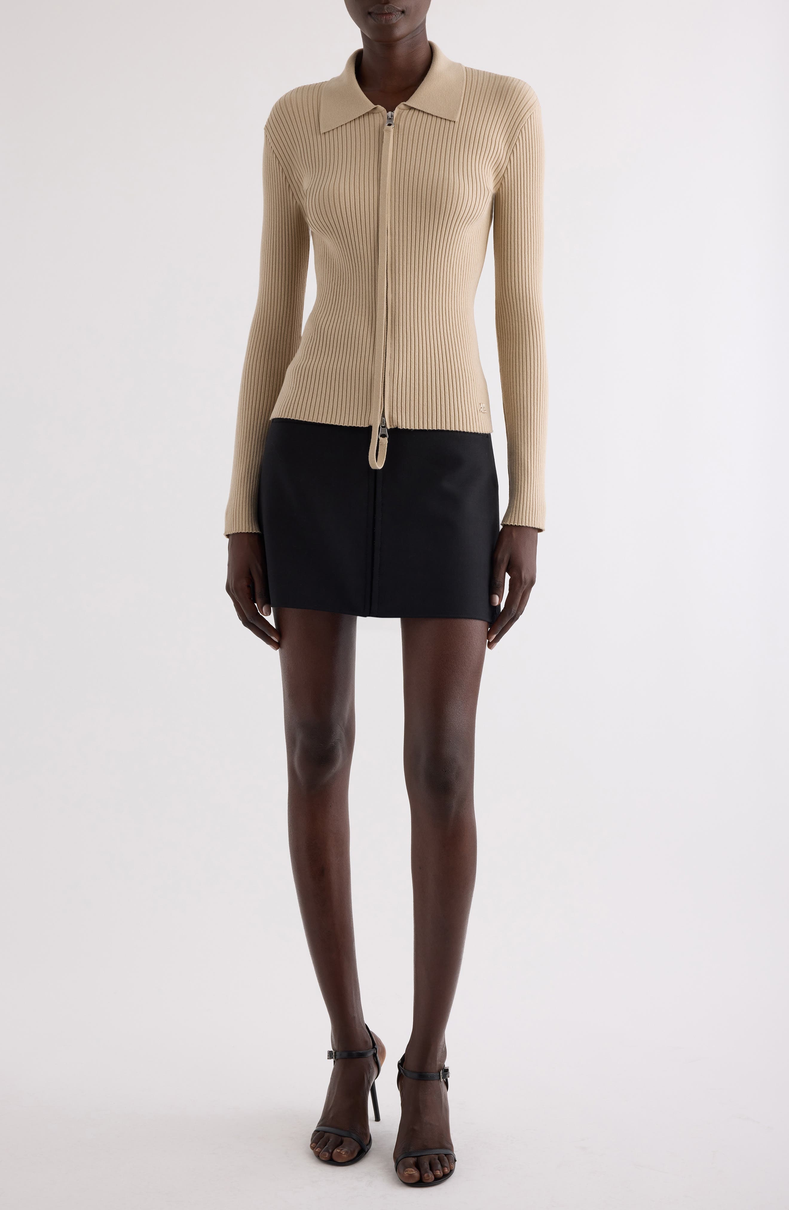Courrèges Rib Double Zip Cardigan in Dark Sand at Nordstrom - 2