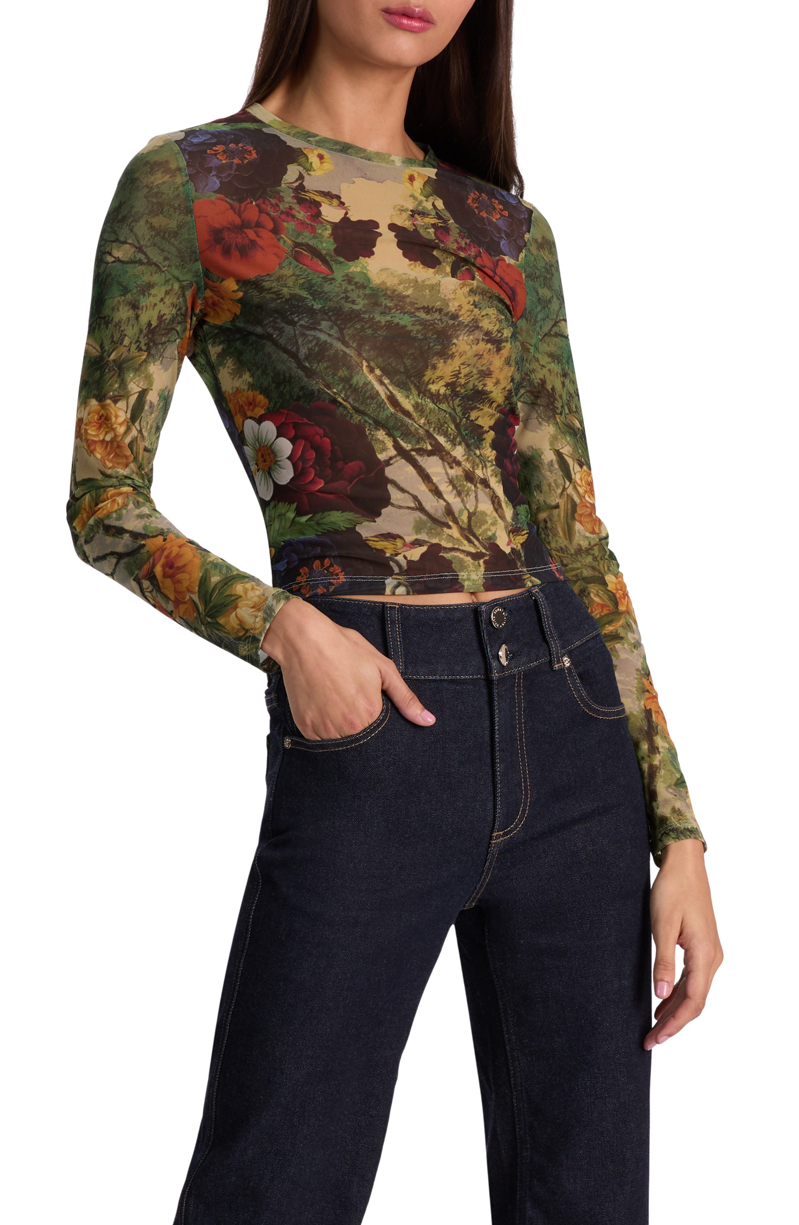Alice + Olivia Delaina Printed Long Sleeve Mesh Top in Forbidden Forest at Nordstrom - 3