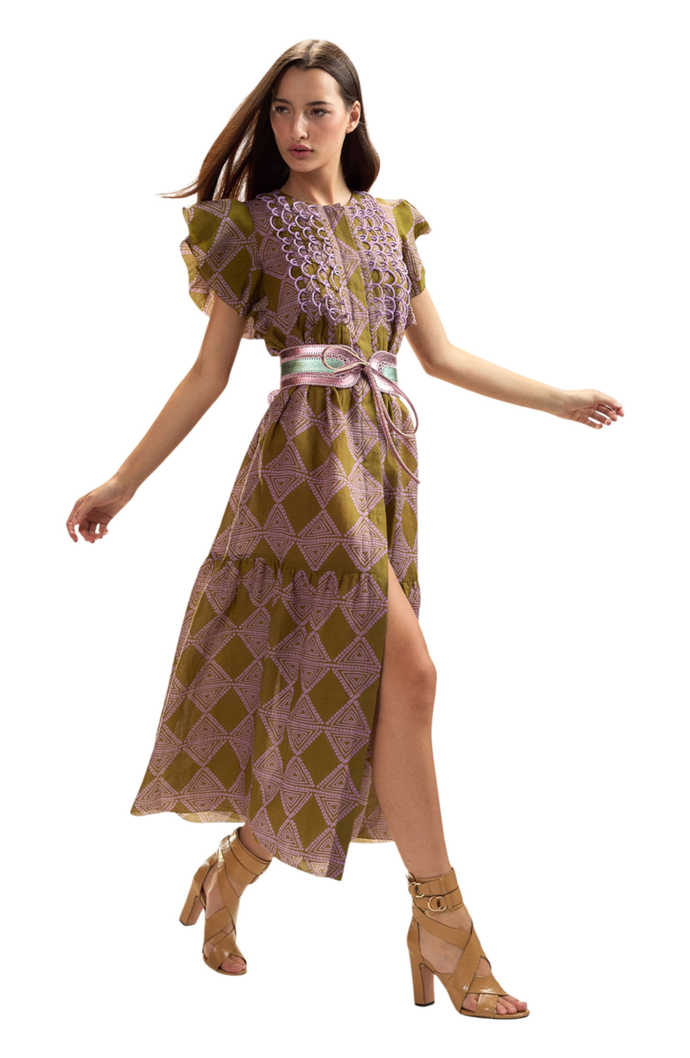 Cynthia Rowley Ramie Midi Pintuck Kaftan in Amber Green/lavender at Nordstrom - 3