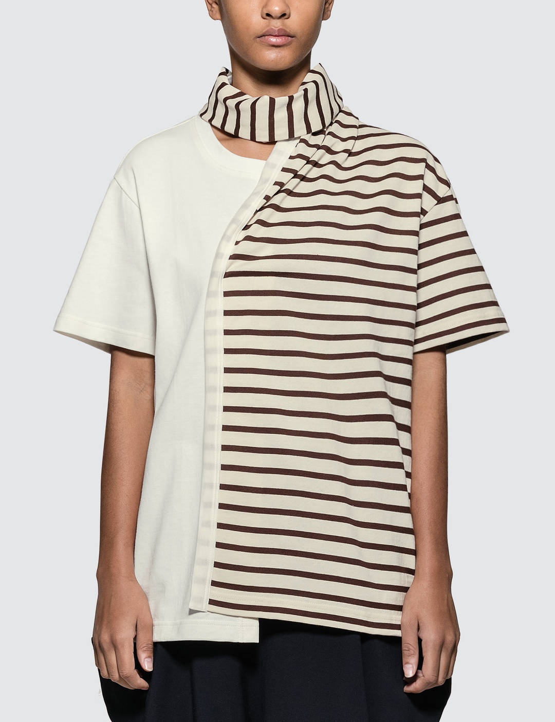 Striped Jersey Tee With Draped Scarf - 1