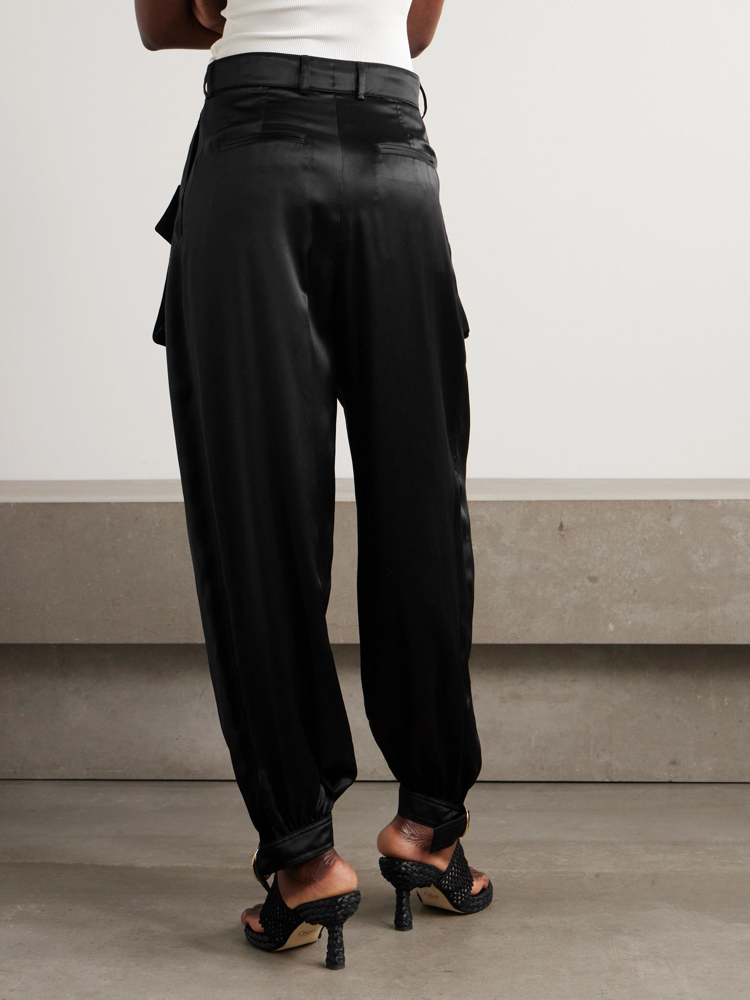 Embellished pleated silk-satin tapered pants Black - 4