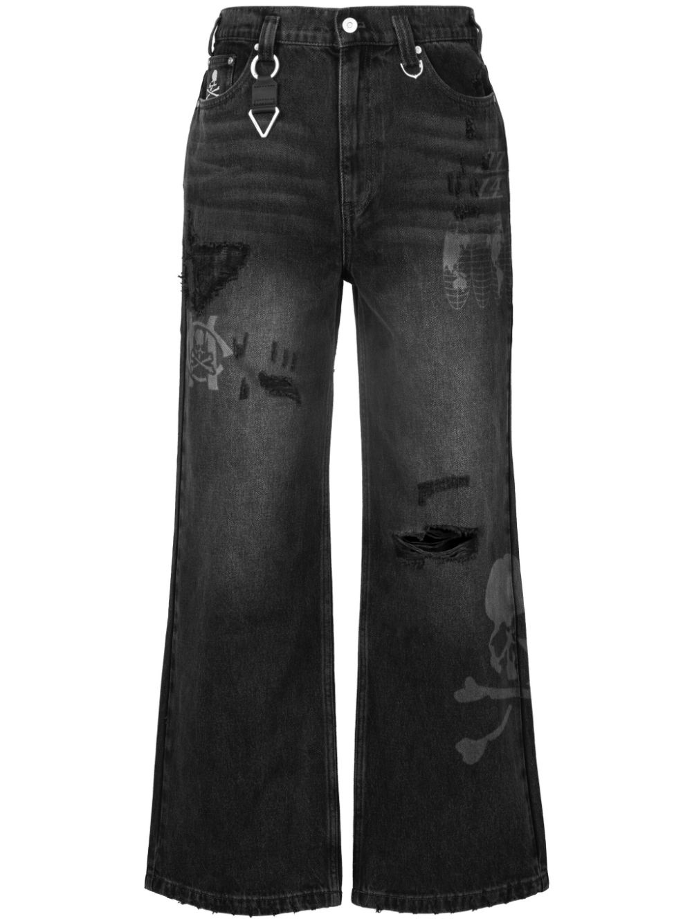 skull-embroidery flared jeans - 1