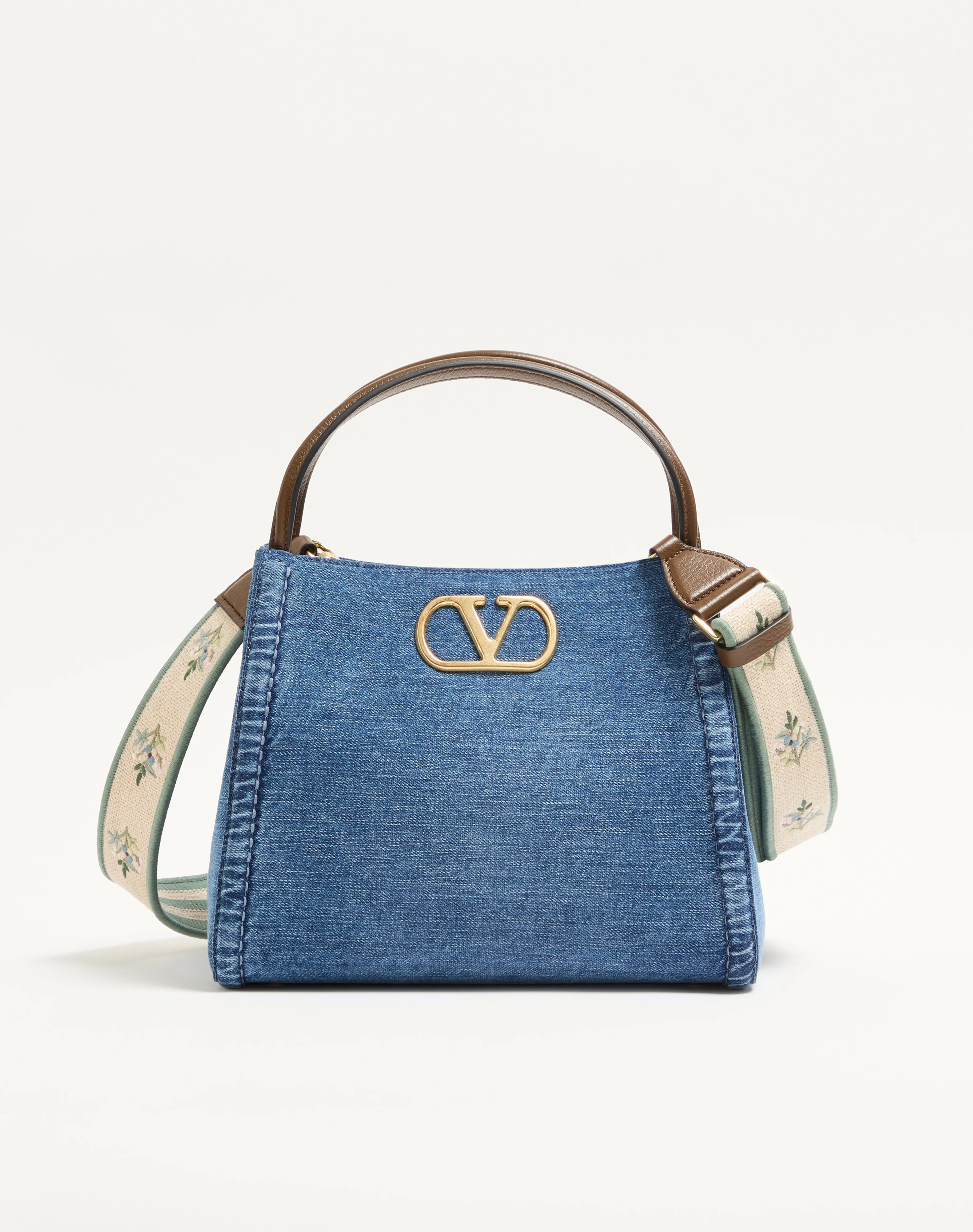 VALENTINO GARAVANI ALLTIME MEDIUM HANDBAG IN DENIM WITH EMBROIDERED STRAP - 1
