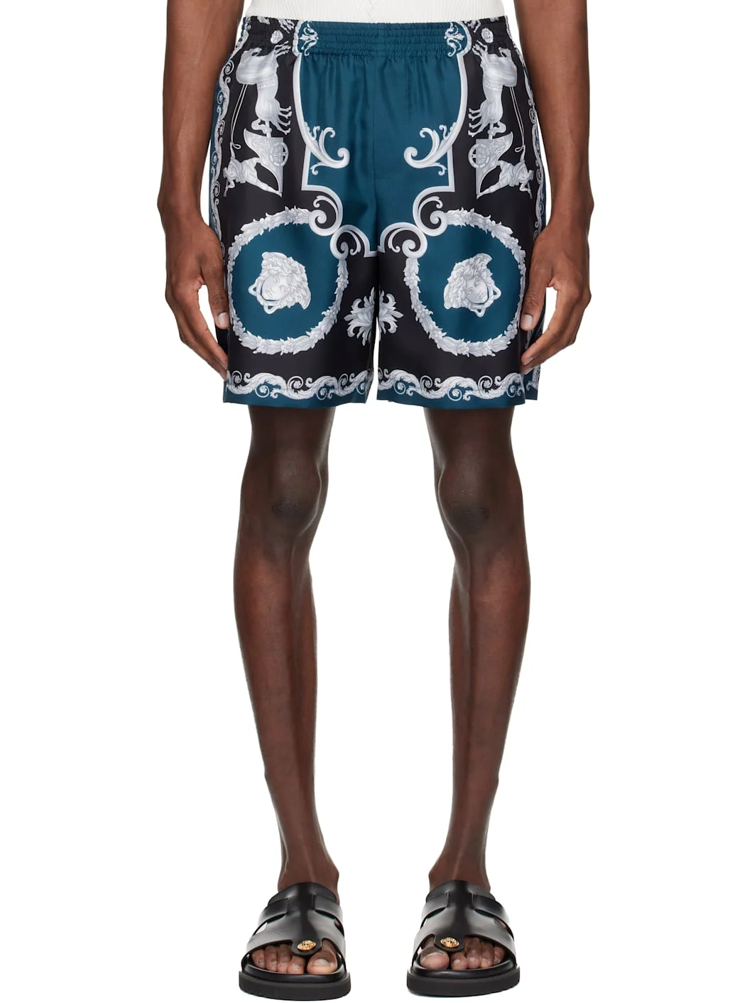 Black & Navy Printed Silk Twill Slim Shorts - 1