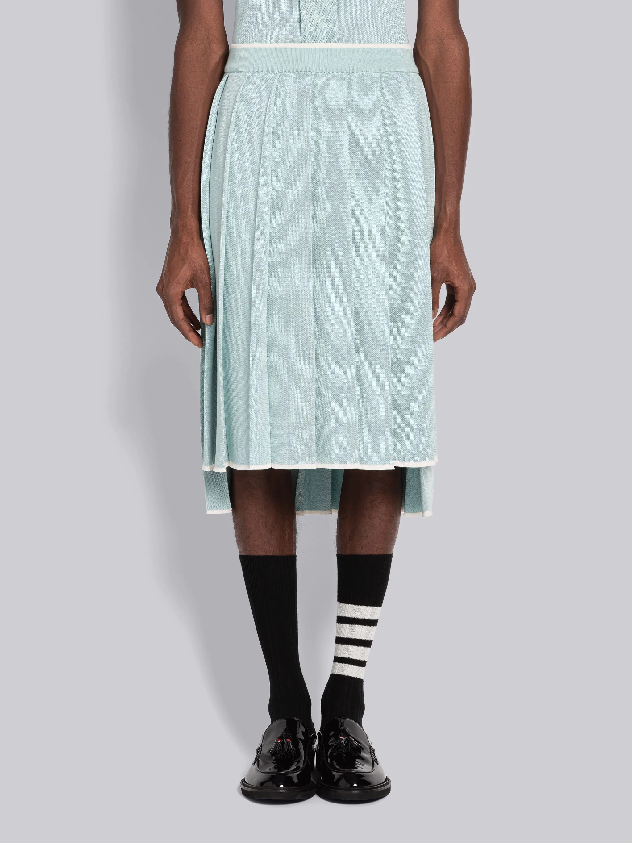 Birdseye Jacquard Stripe Below The Knee Pleated Skirt - 1