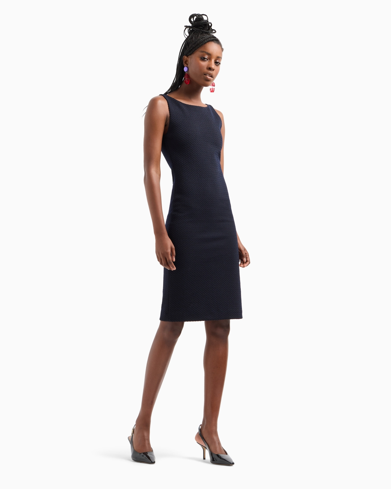 Wool-blend jacquard jersey sheath dress with embossed pattern - 2