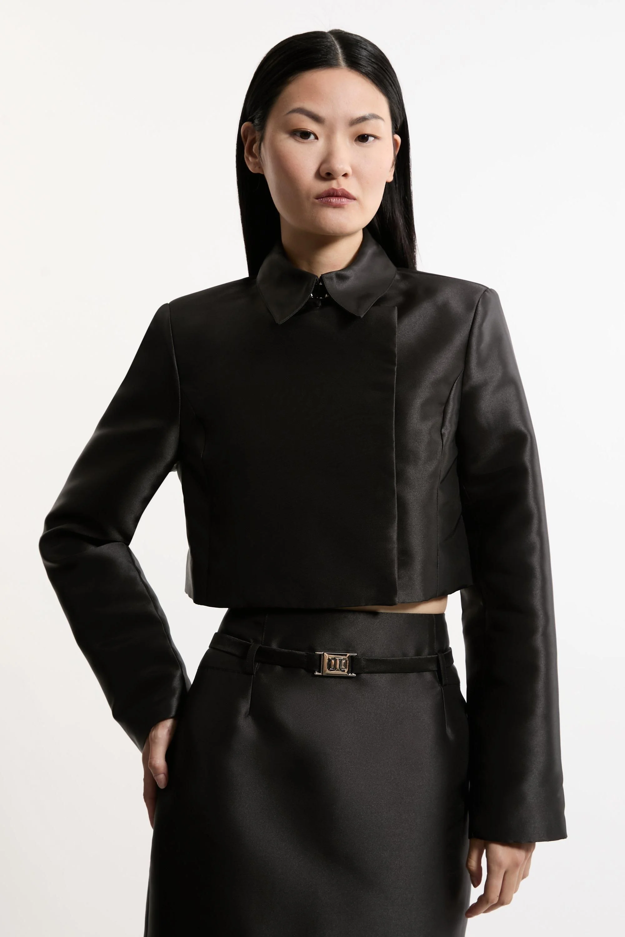Satin Twill Cropped Wrap Tailored Jacket - 1