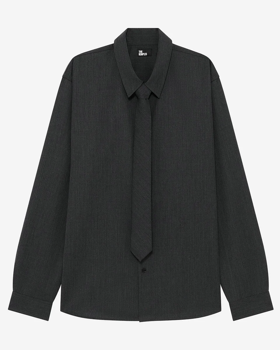 DARK GRAY WOOL BLEND SHIRT WITH TIE - 1