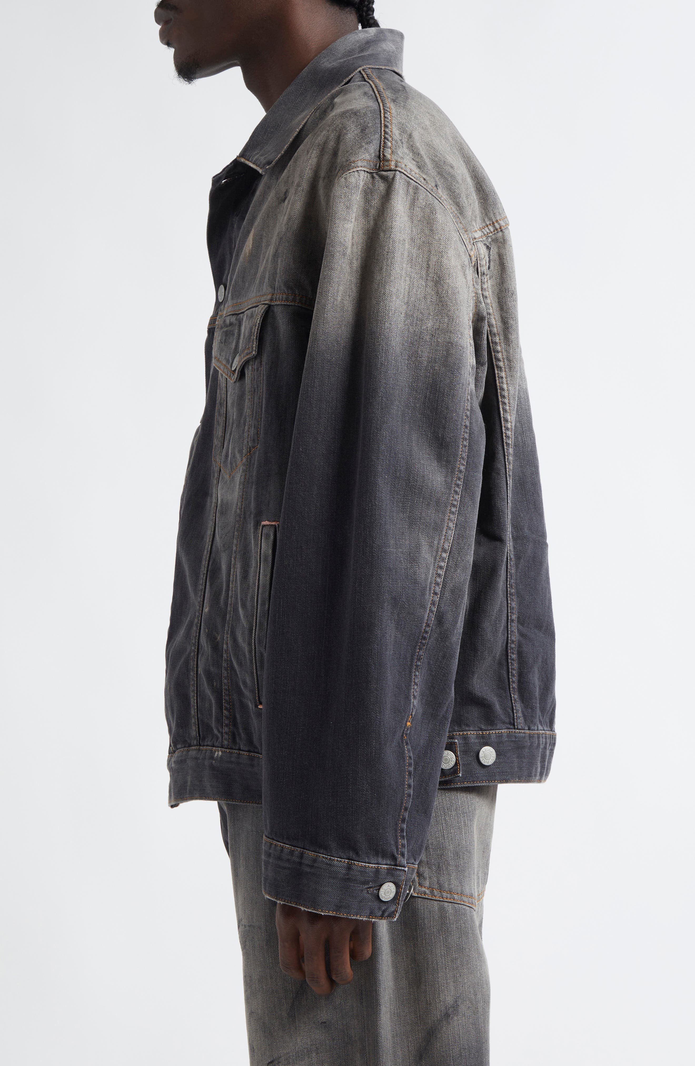 Acne Studios Oversize Paint Smudged Denim Jacket in Black at Nordstrom - 4