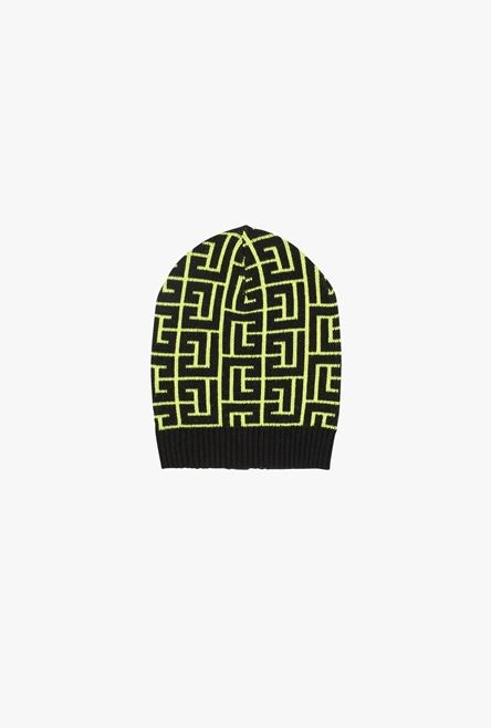 Capsule After ski - Neon yellow and black wool hat with Balmain monogram pattern - 1