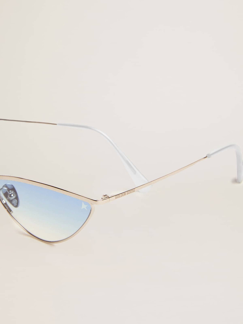 Golden Goose Sunglasses cat-eye style with silver frame and blue lenses outlook