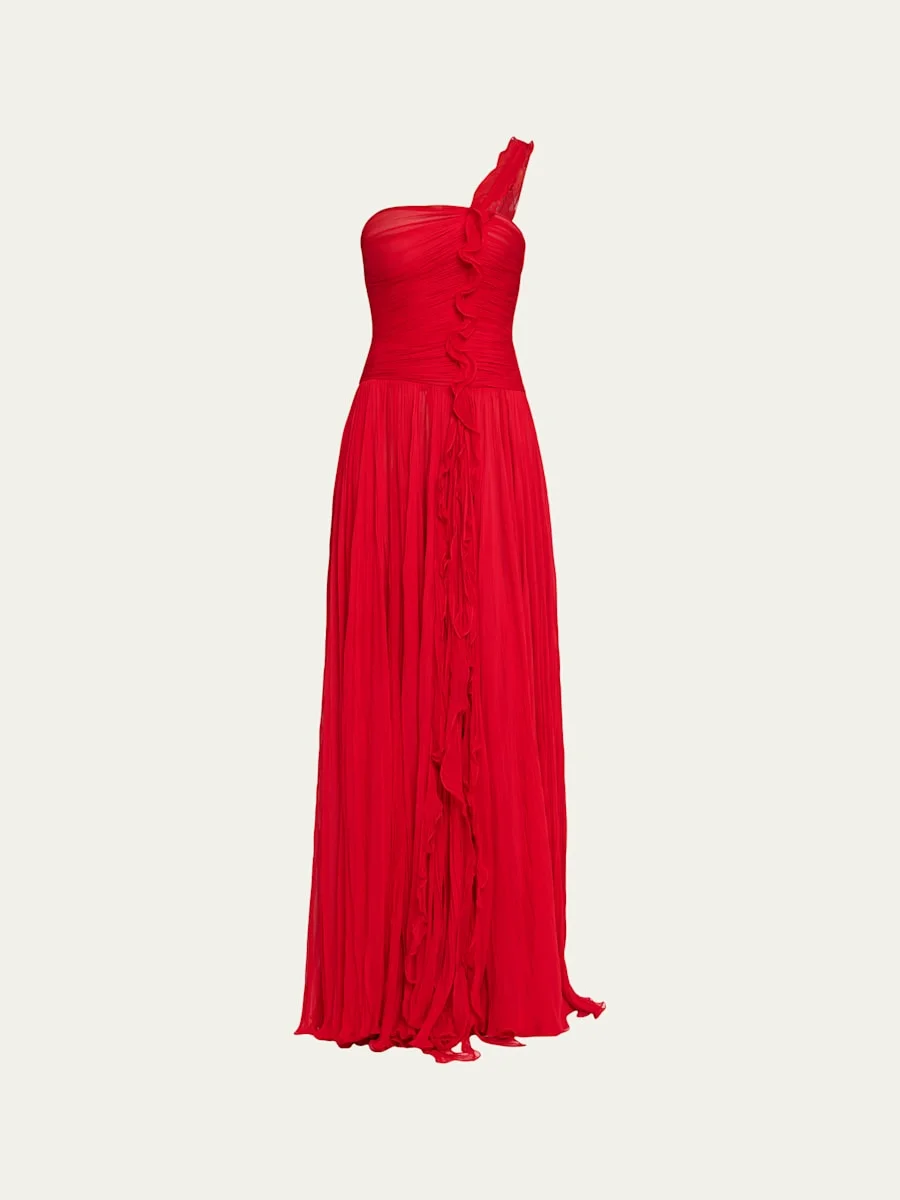 One-Shoulder Silk Georgette Ruffle Gown - 1