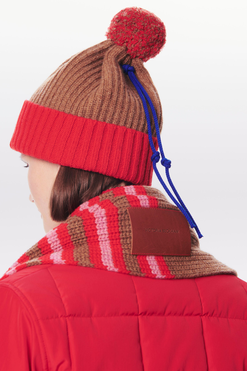 Pom Pom Hat in Camel & Bright Red 4
