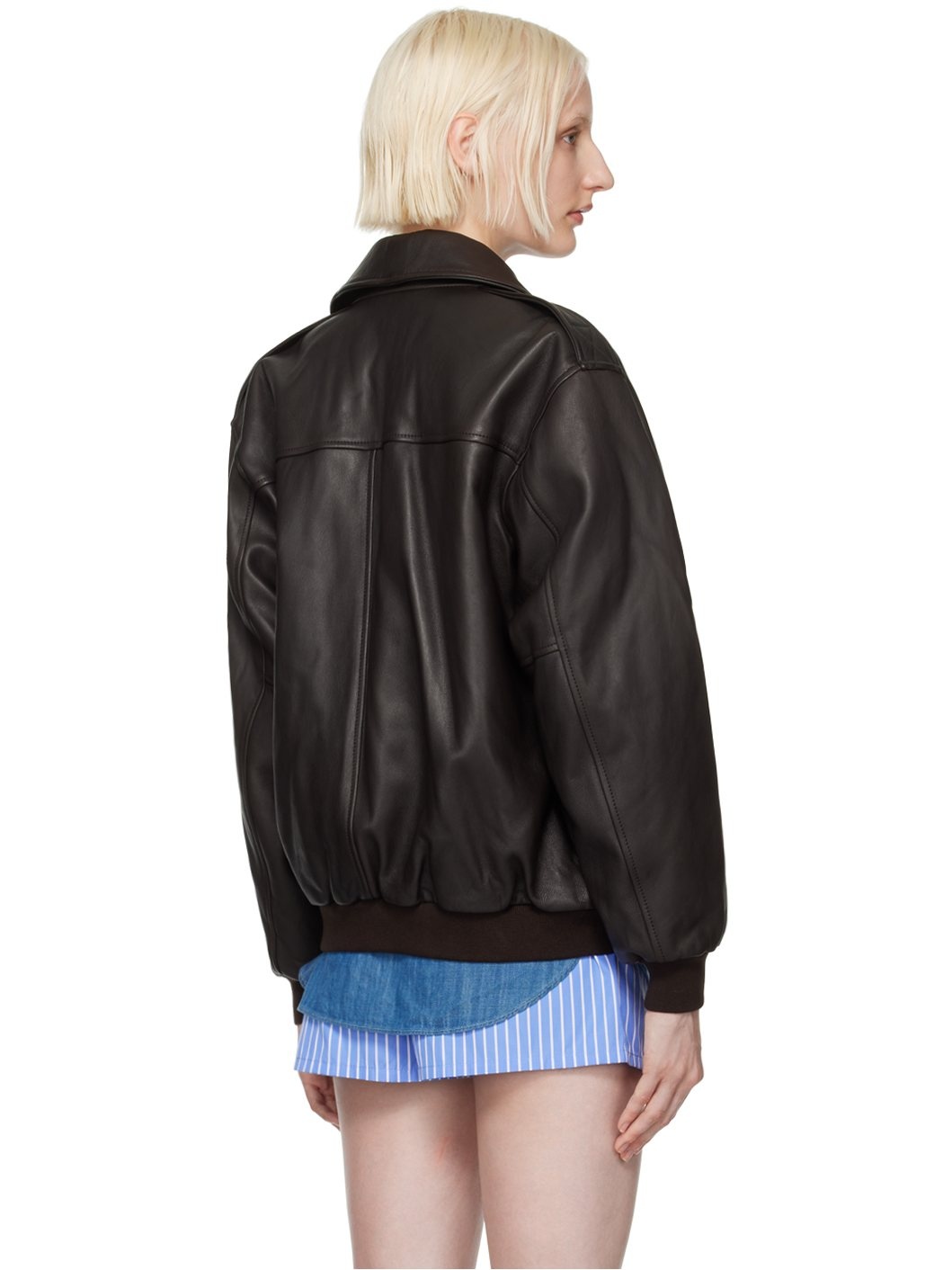 Brown Oversized Leather Bomber Jacket - 3