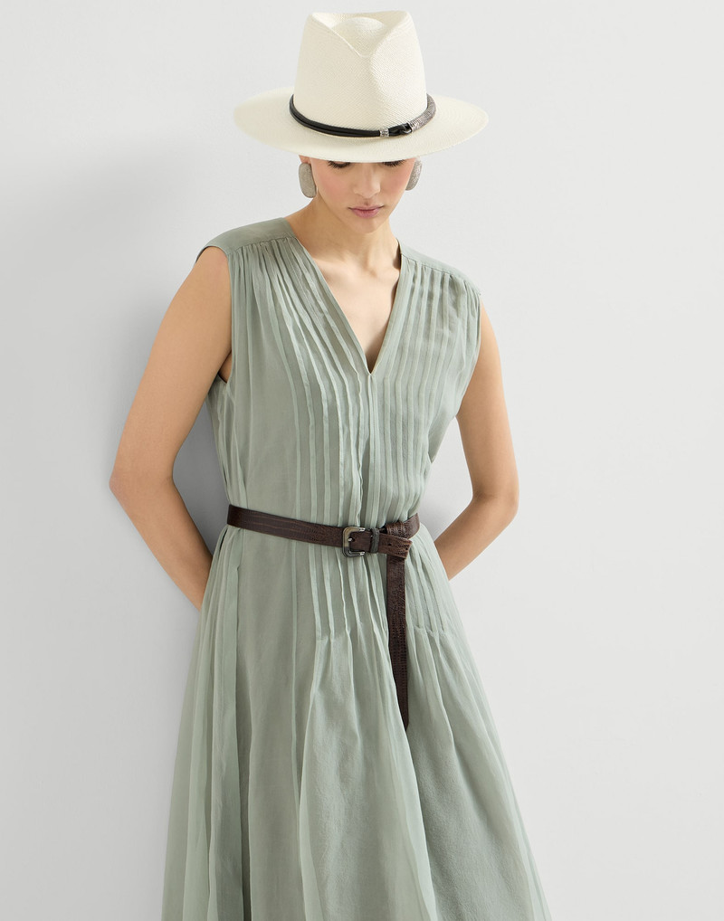 Crispy silk belted dress with pleated detail and precious strap 5