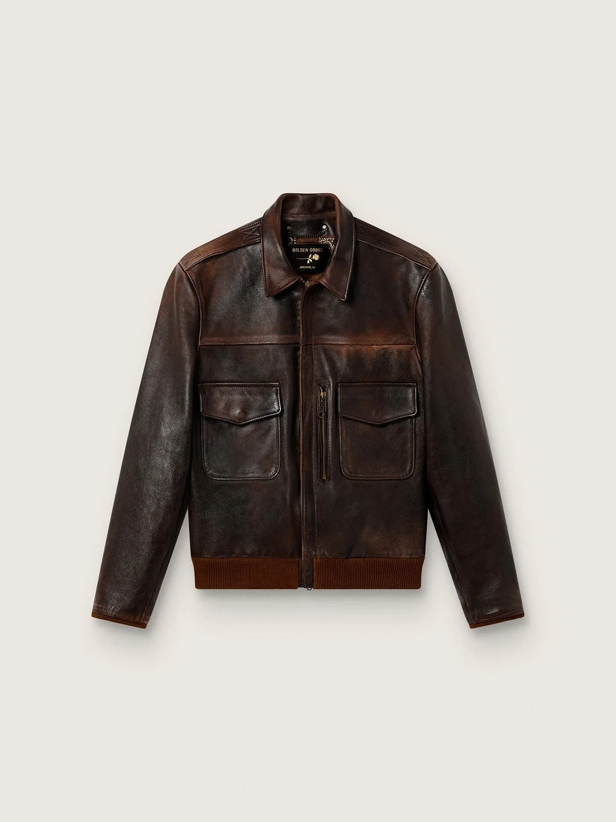 Men's dark brown distressed leather bomber jacket - 1