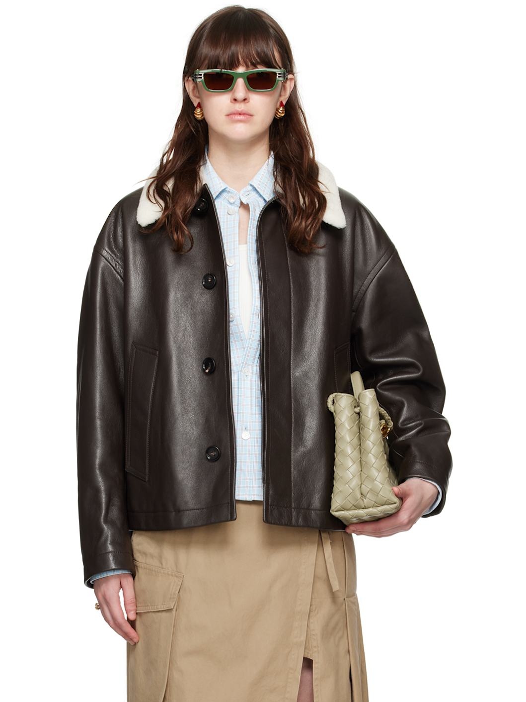 Brown Detachable Collar Leather Jacket - 1