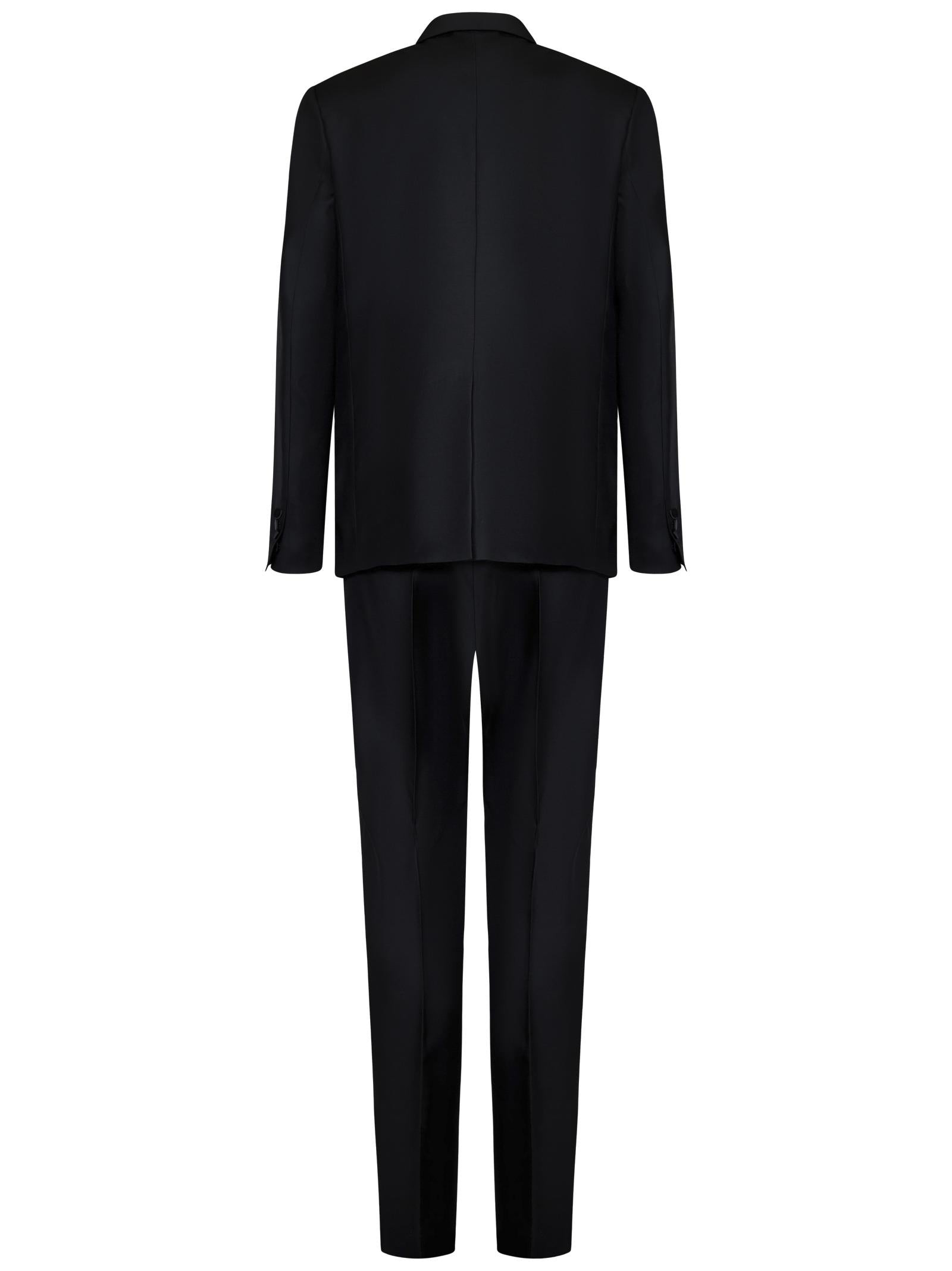 Black virgin wool and silk tuxedo suit with single-breasted blazer with silk satin lapels. - 3