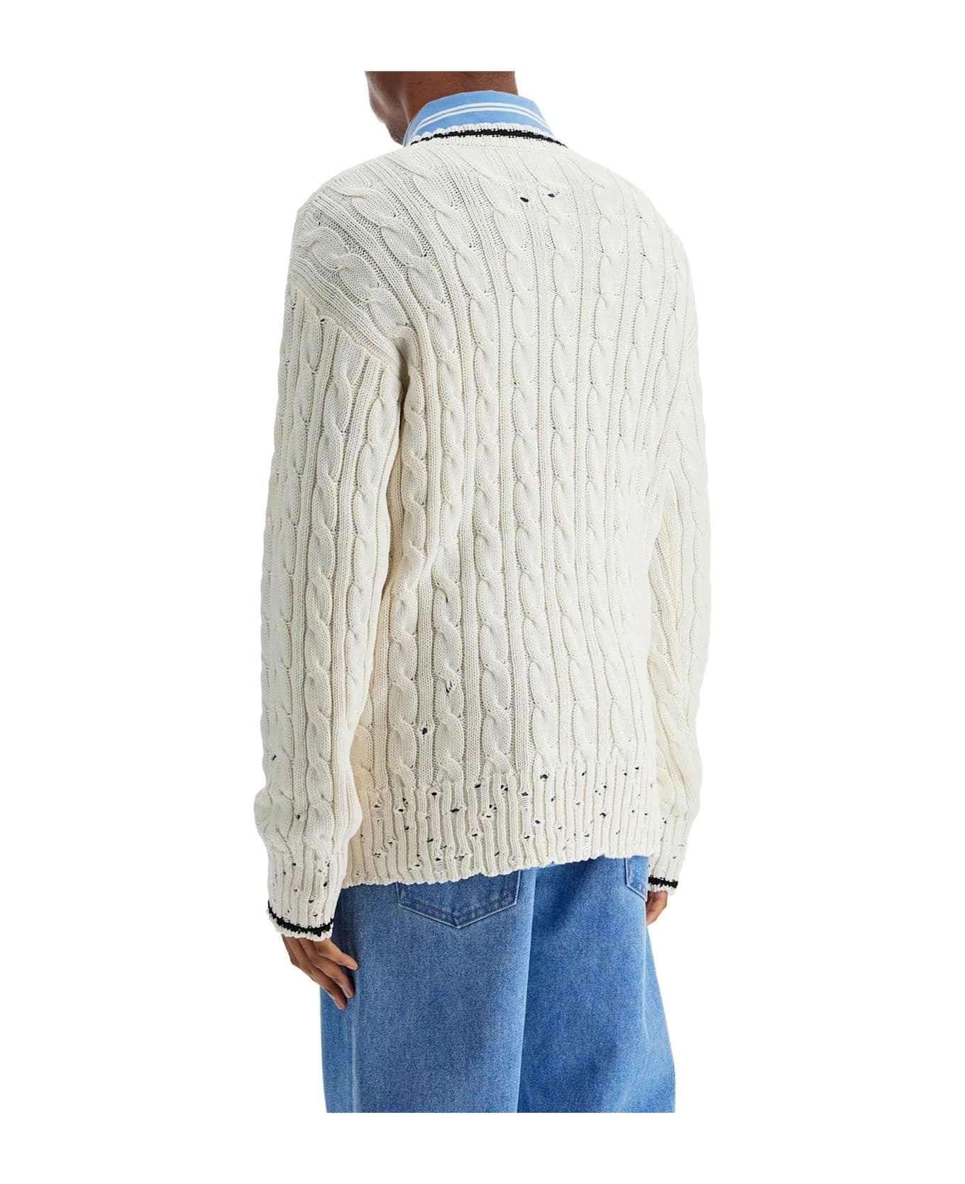 White Cotton Sweater With Cable Knit V-neck - 3