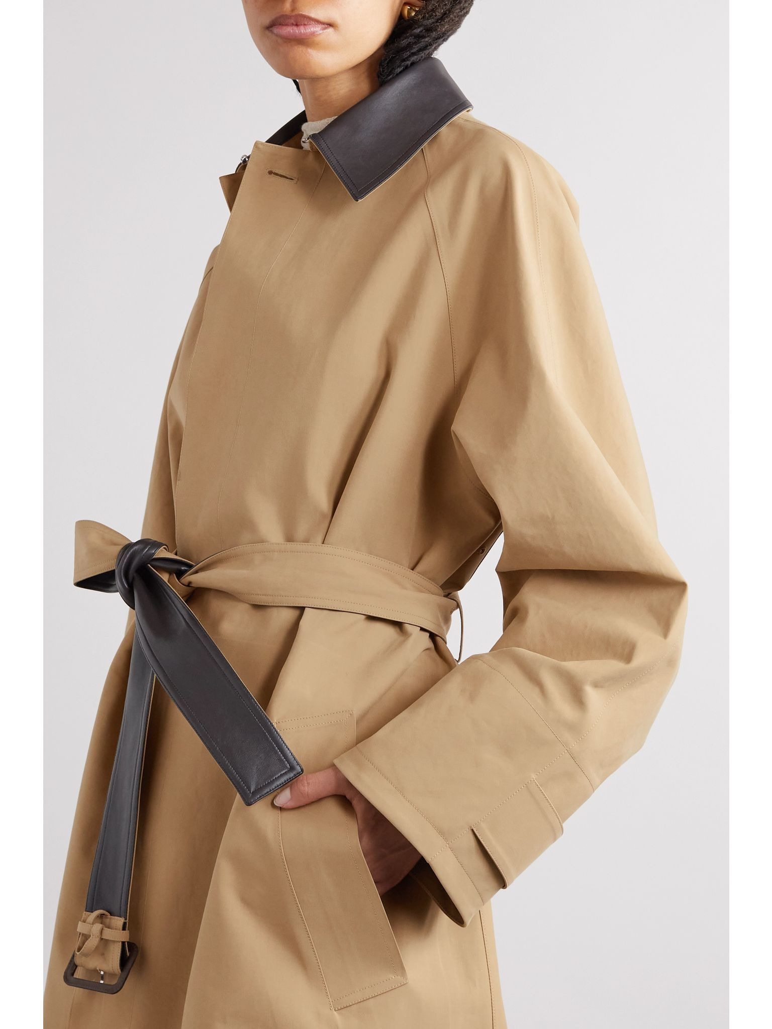 Belted leather-trimmed cotton-garbardine trench coat Beige - 5